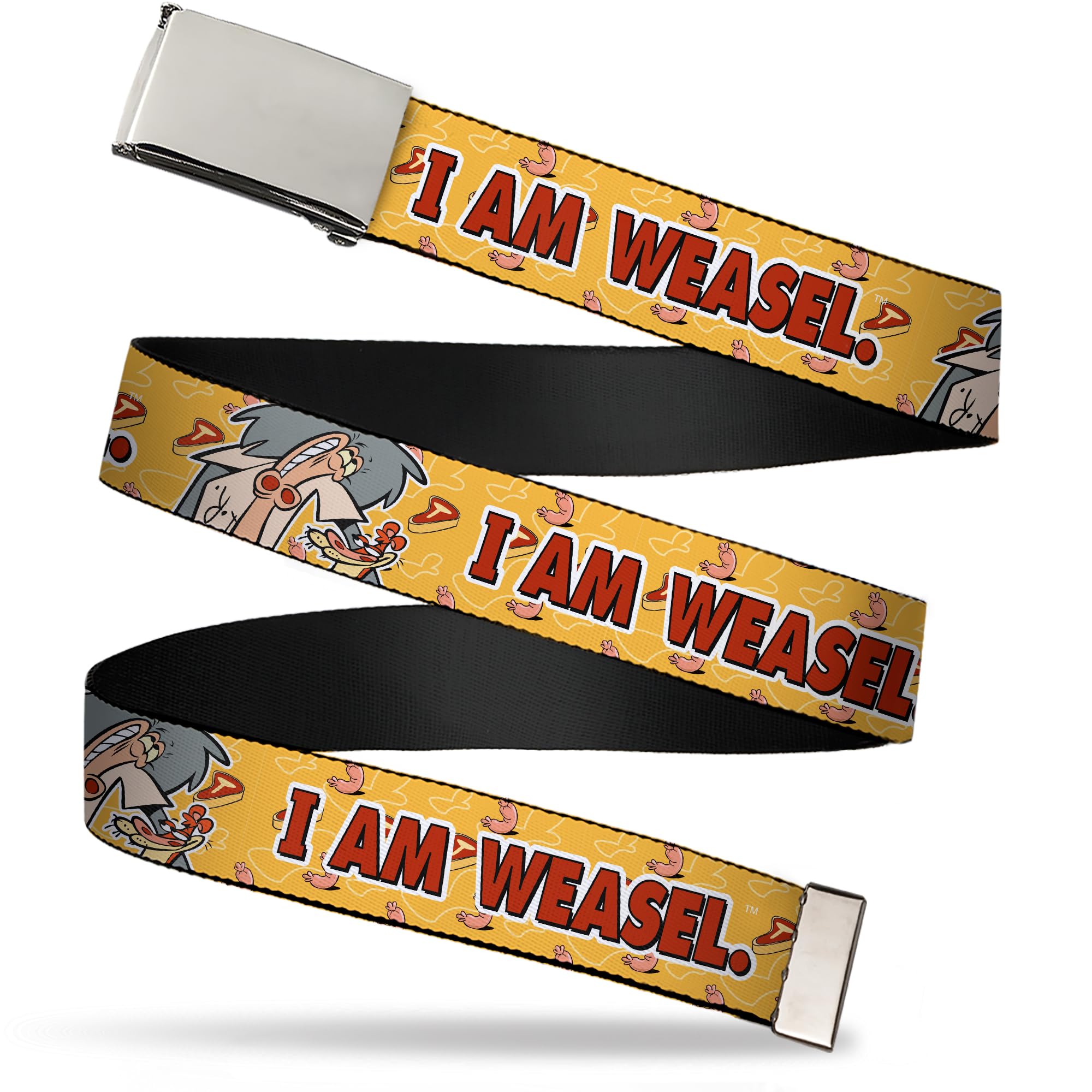 Buckle-Down Warner Bros. Animation Belt, Flip Web Belt I Am Weasel IR Baboon Pose and Title Logo Yellows, 1.25 Inch Wide, Fits up to Size 42''