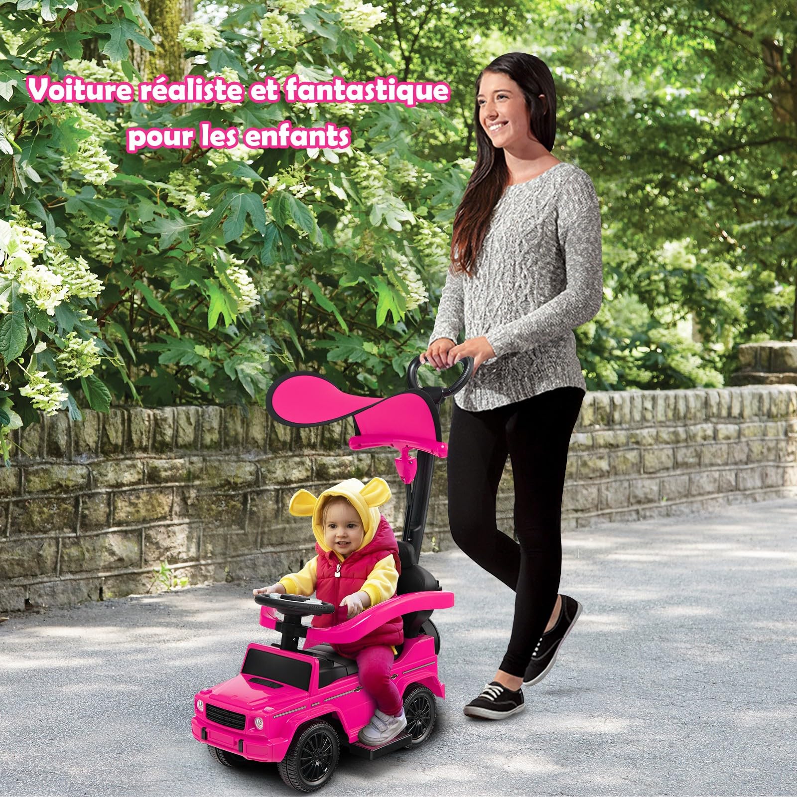 COSTWAY 3 en 1 Mercedes-Benz Porteur Enfant avec Poignée Détachable & Auvent Amovible, Voiture à Pousser Bébé avec Volant & Klaxon, Espace Caché & Repose-Pieds, Charge 25kg pour 1-3 Ans (Rose)