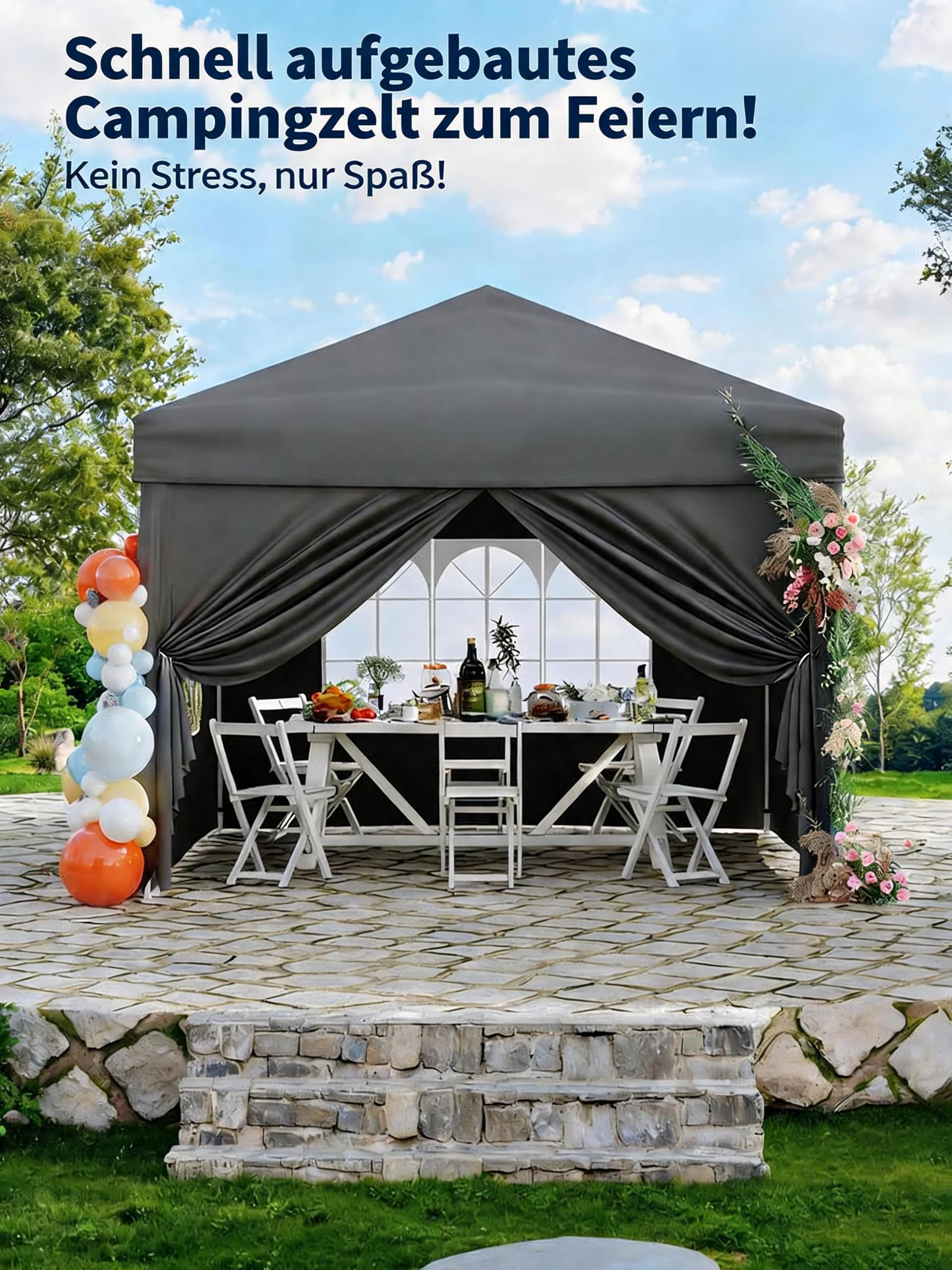 Faltbarer Pavillon, 3 x 3 m, wasserdicht, für den Garten, 4 Seitenwände mit Fenstern, UV-Schutz 50+, höhenverstellbar, robuste Stahlkonstruktion, inklusive Heringe, Seile, Sandsäcke und Tasche