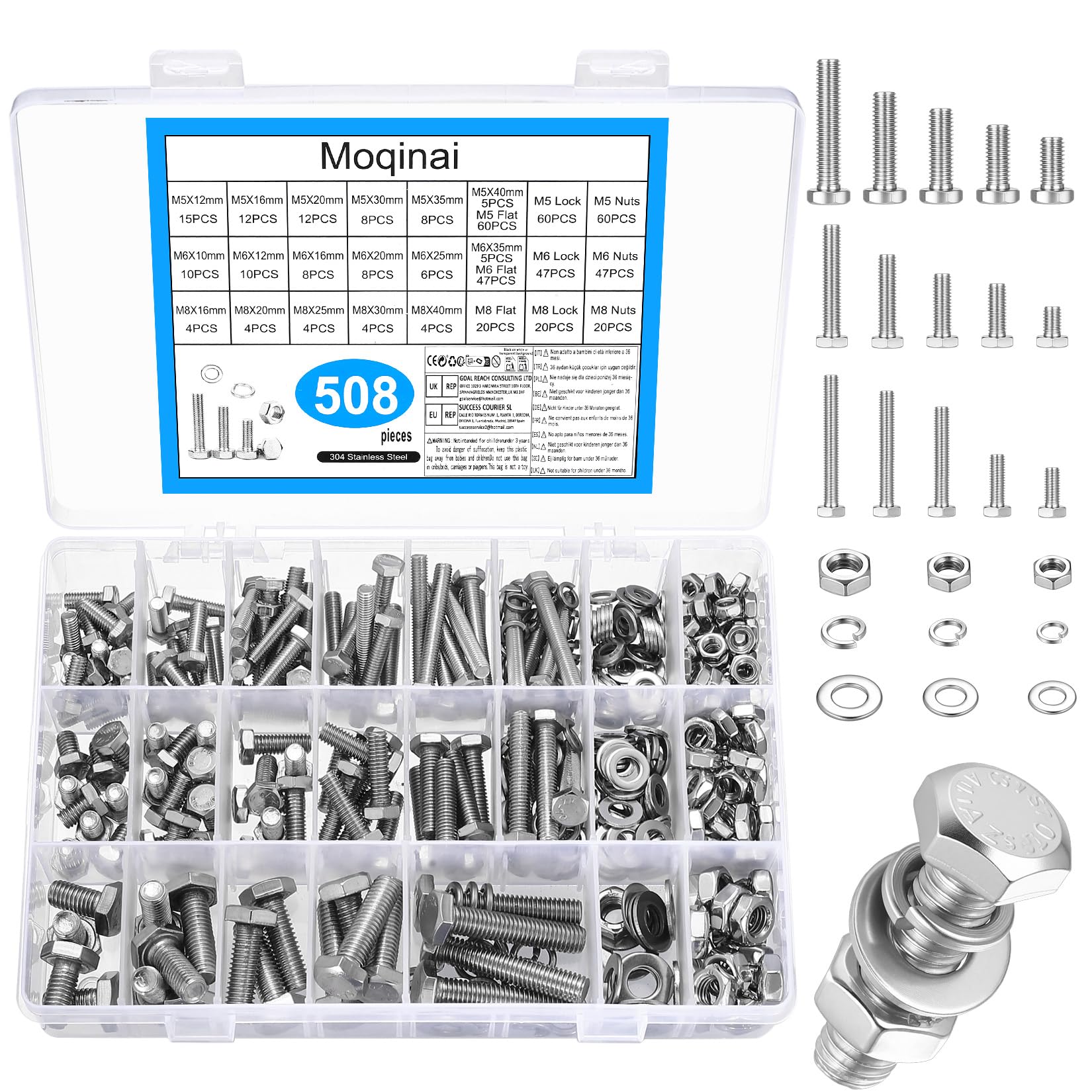 508 Pcs Stainless Steel Hex Bolts and Nuts Set, Metric Machine Screws Assortment with Washers, M5 M6 M8 Hex Head Bolts and Nuts Kit for Machinery, Furniture, Auto Repair and DIY Projects