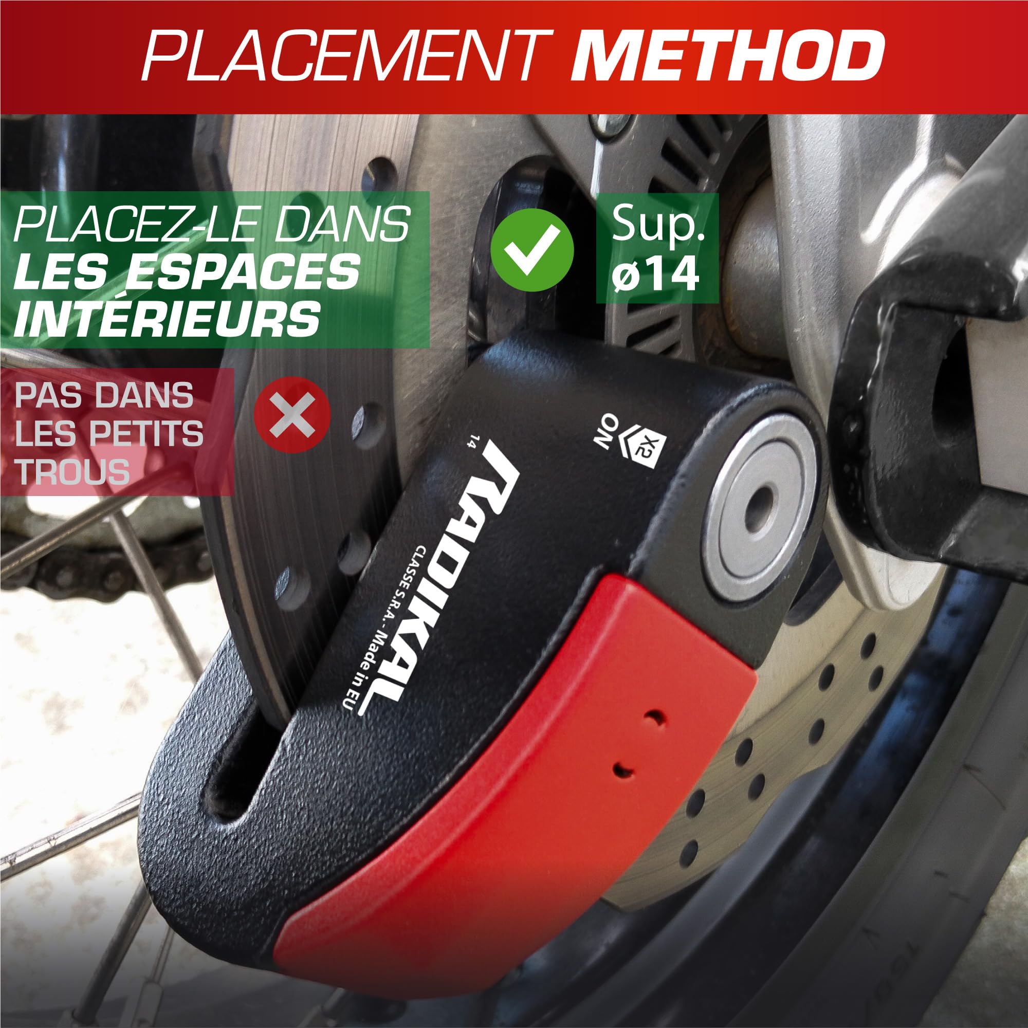 RADIKAL RK15 Antivol Moto Homologué SRA Bloque Disque avec Alarme Premium | Activation au choix, 120 dB, LED Alerte, Warning Pré-Alarme | Bloc Sécurité Double Verrouillage Acier Cémenté 14 mm, Rouge