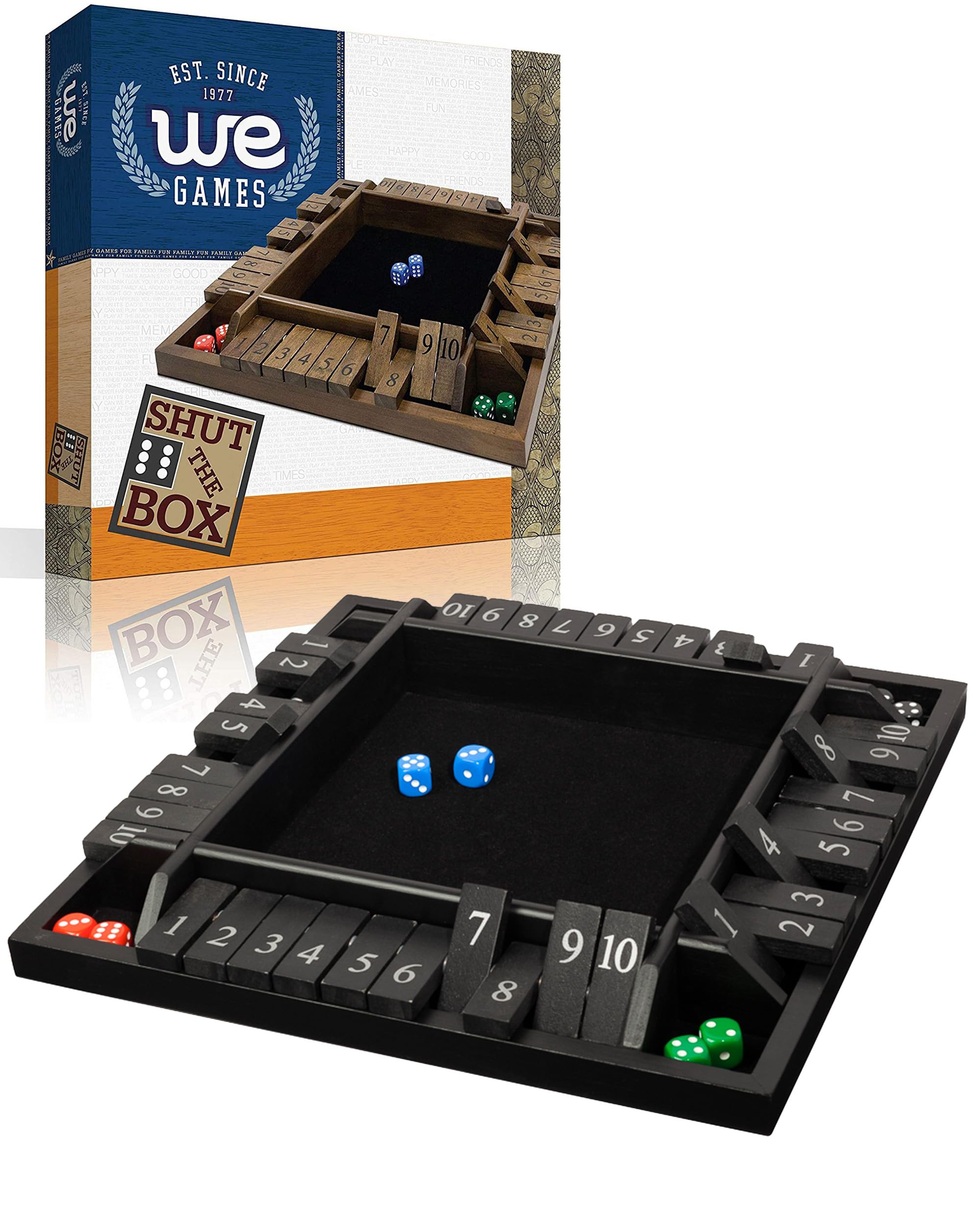WE Games Wooden Shut the Box Game 4 Player - 10 Number Tiles & 8 Dice - Large 14-Inch, Black Stained Wood Finish