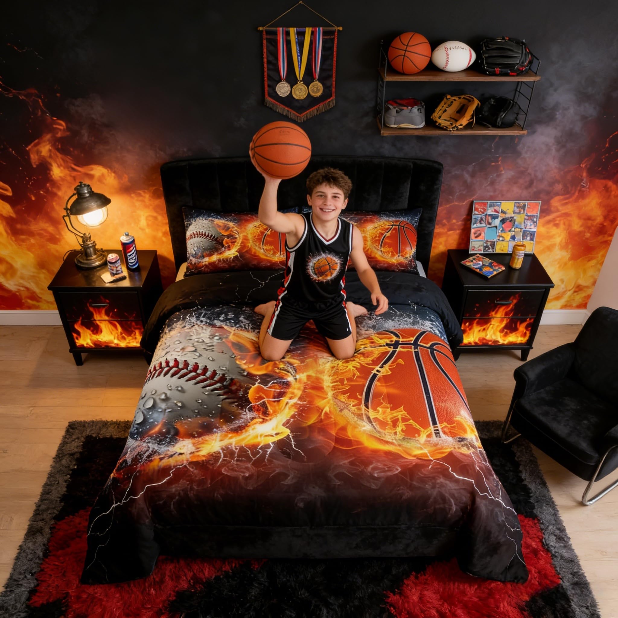 Baseball Basketball Comforter Set Twin Size,Ice and Fire Collision Bedding Set 2pcs for Kids Teens Boys Girls Room Decor,Extreme Ball Sports Game