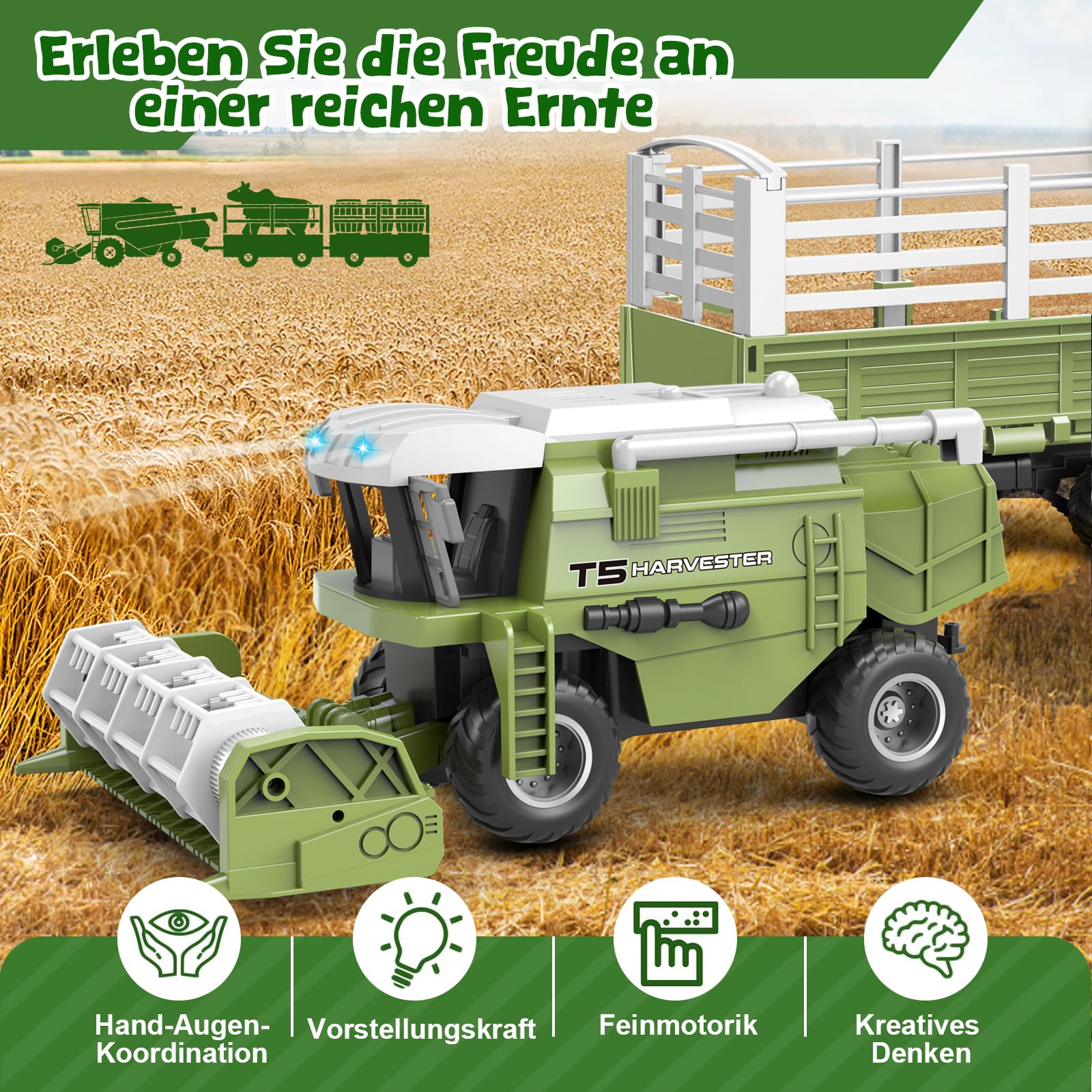 Joellfuner RC Mähdrescher Spielzeug, Ferngesteuert Mähdrescher für Kinder, Mähdrescher Spielzeug Ferngesteuert mit Anhänger, Licht, Kuh, RC Traktor Spielzeugs, Weihnachten Geschenk für Kinder ab 3+