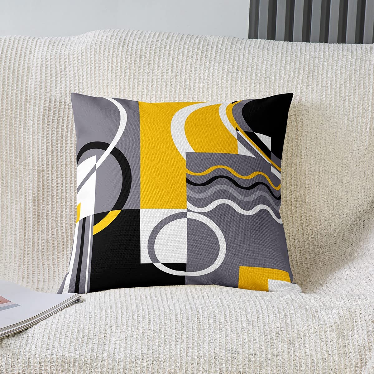 Loussiesd Geometric Square Cushion Covers Set of 2 Set Yellow Grey Black Reversible Throw Pillow Covers for Kids Decor Stripe Line Pillow Covers Home Decor Modern Striped Art 16x16 Inch - Image 2