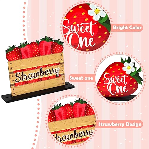 Miniatura 3 de CNhoqc 3 piezas de decoración de mesa de madera con temática de fresa letrero para decoración de mesa de feliz cumpleaños para niñas suministros de