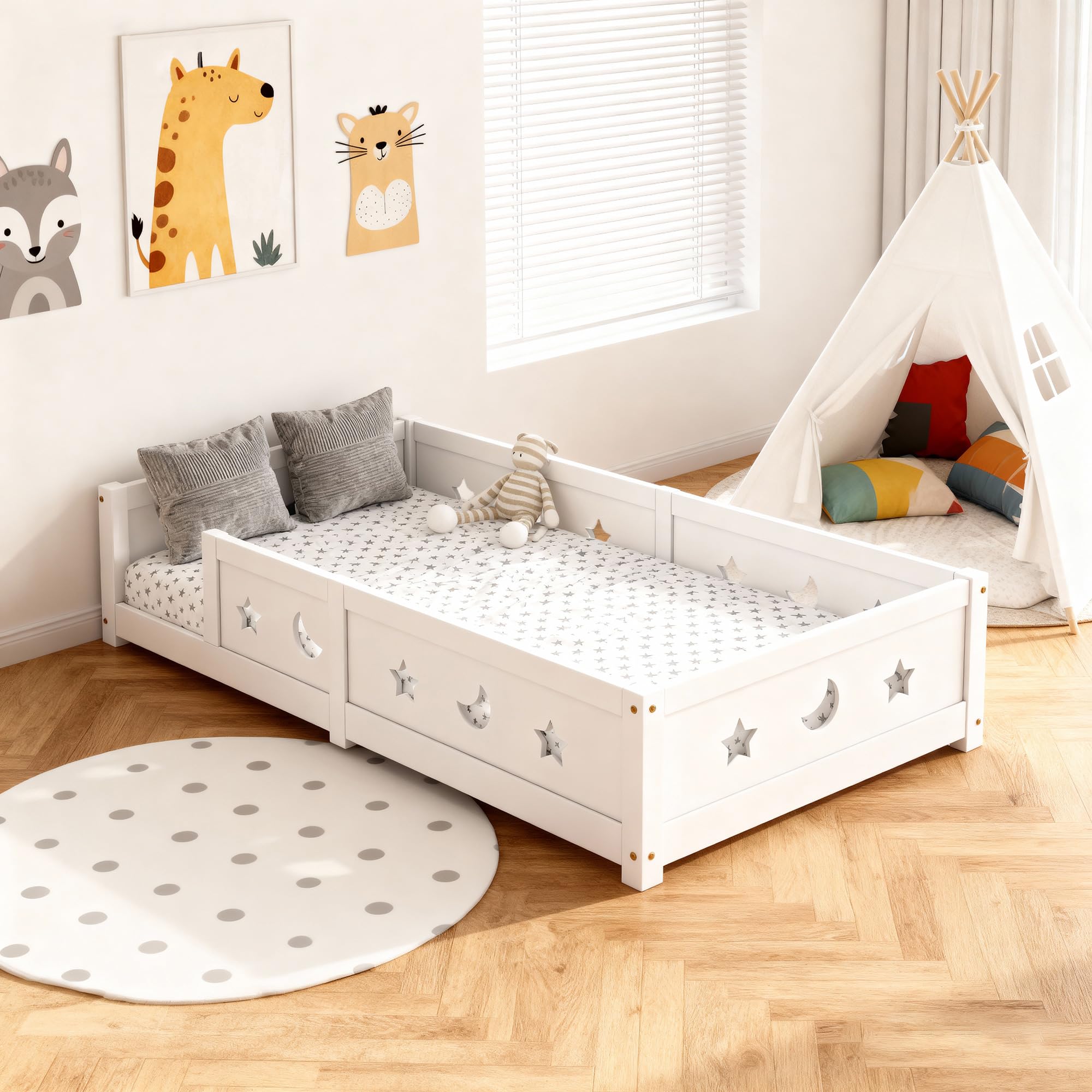 Cama infantil Montessori de 140 x 200 cm, cama de suelo de madera, segura para niños y niñas, con protección anticaídas, adecuada para niños y niñas (blanco-1, 140 x 200 cm)