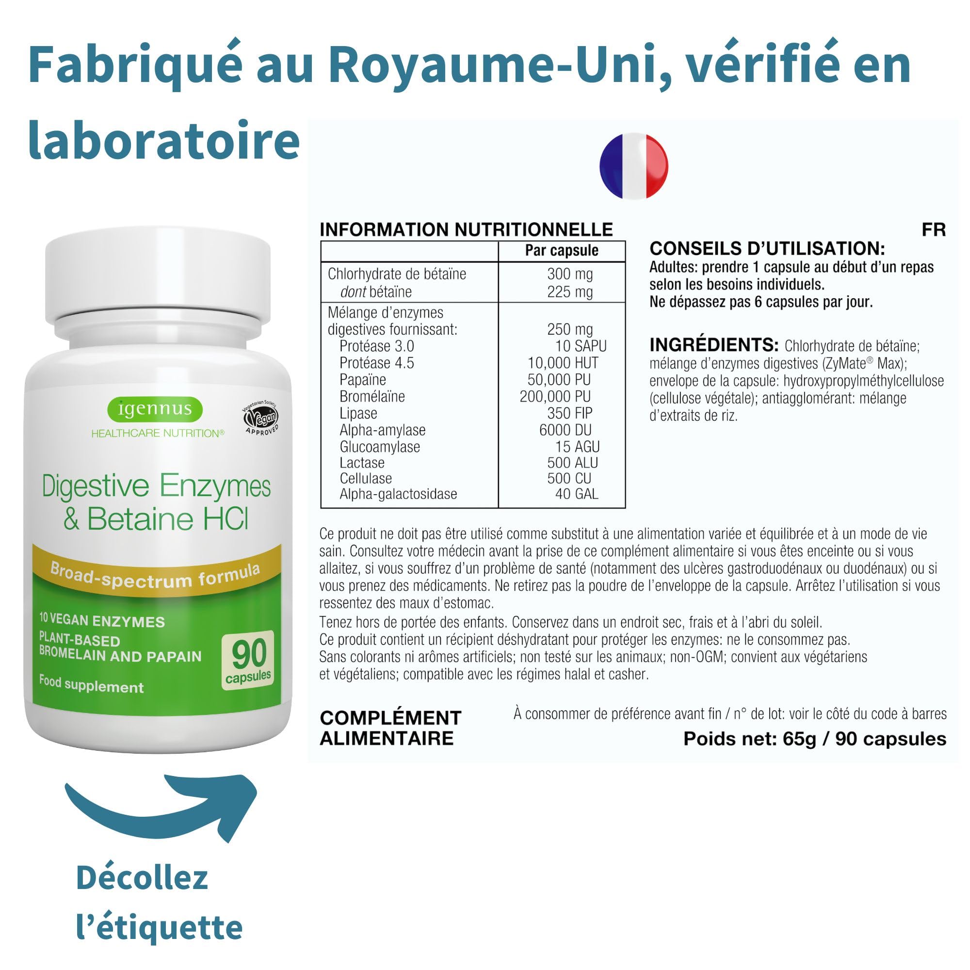 Enzymes Digestives & Bétaïne HCl, 90 Capsules, Complexe Avancée de 10 Enzymes Digestives compris Bromélaïne, Papaïne, Lactase, Lipase, Formule Pure et 100% Végétale - par Igennus