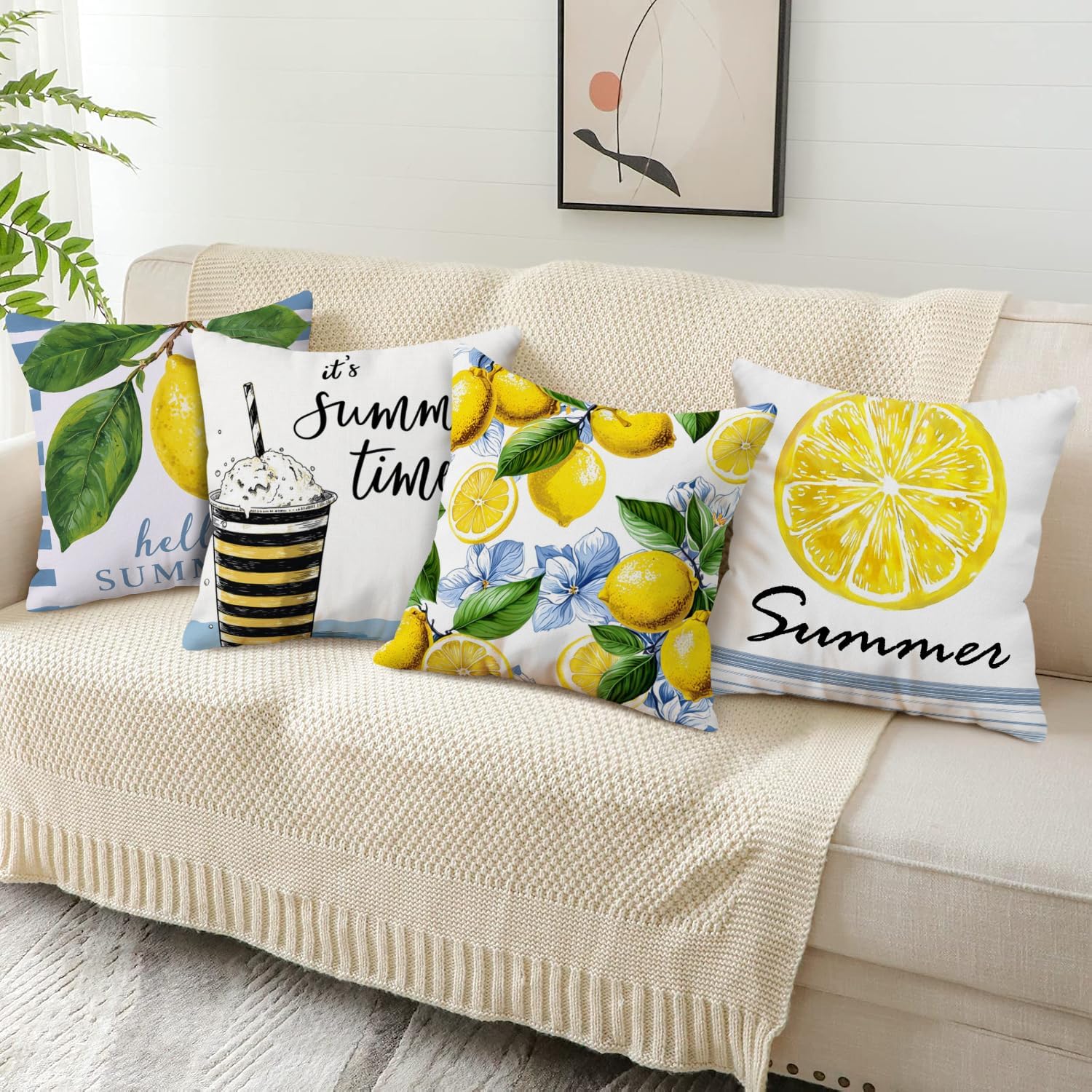 Summer Lemon Throw Pillow Covers 20x20 Inch Set of 4, Double-Sided Yellow Lemon Print, White Linen Farmhouse Pillow Cases, Indoor Outdoor Decorative Cushion Covers for Couch Sofa