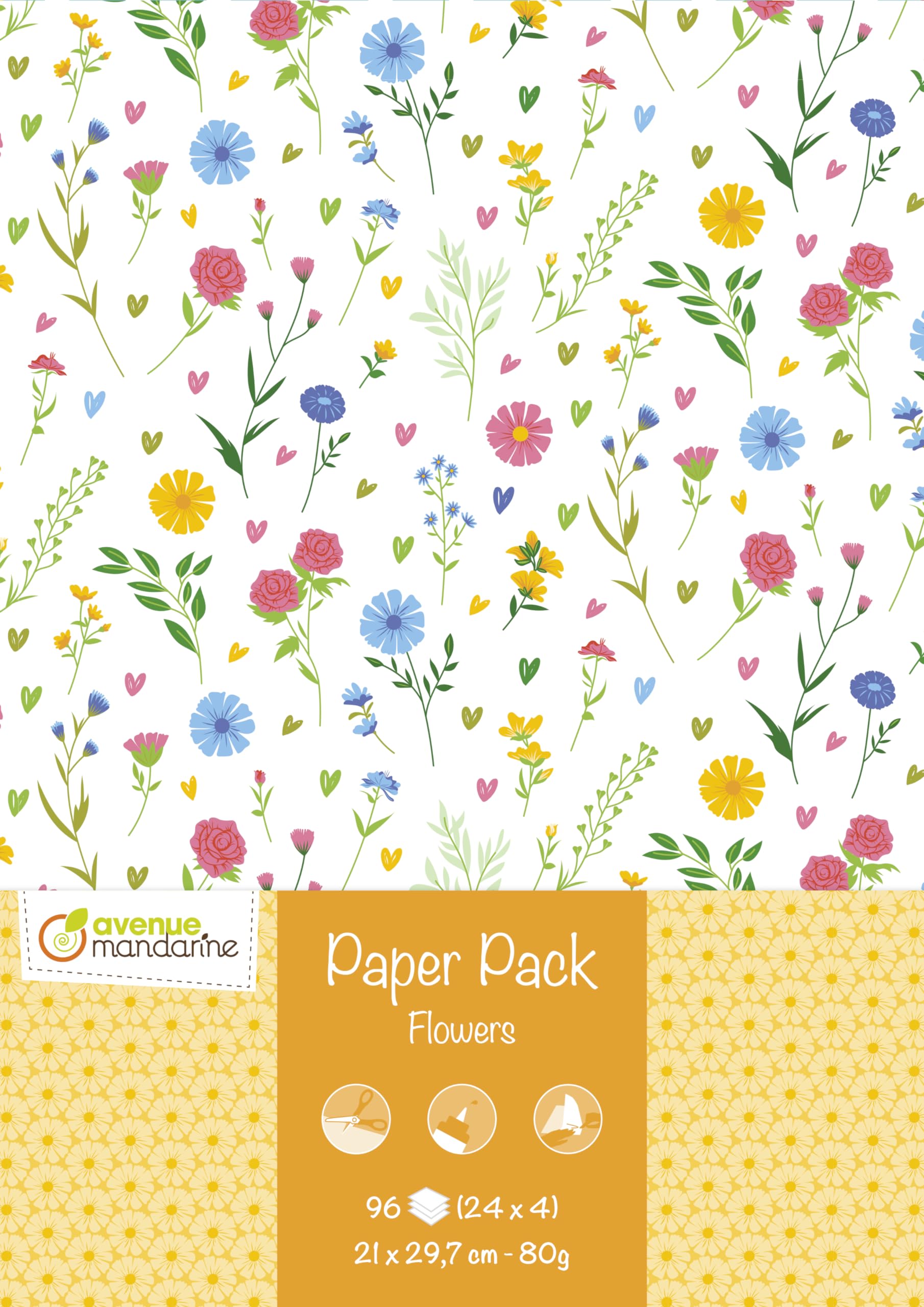 Avenue Mandarine CC067C PAPER PACK - Paquete de 96 hojas de papel creativo impresas a doble cara A4 - FLOWERS