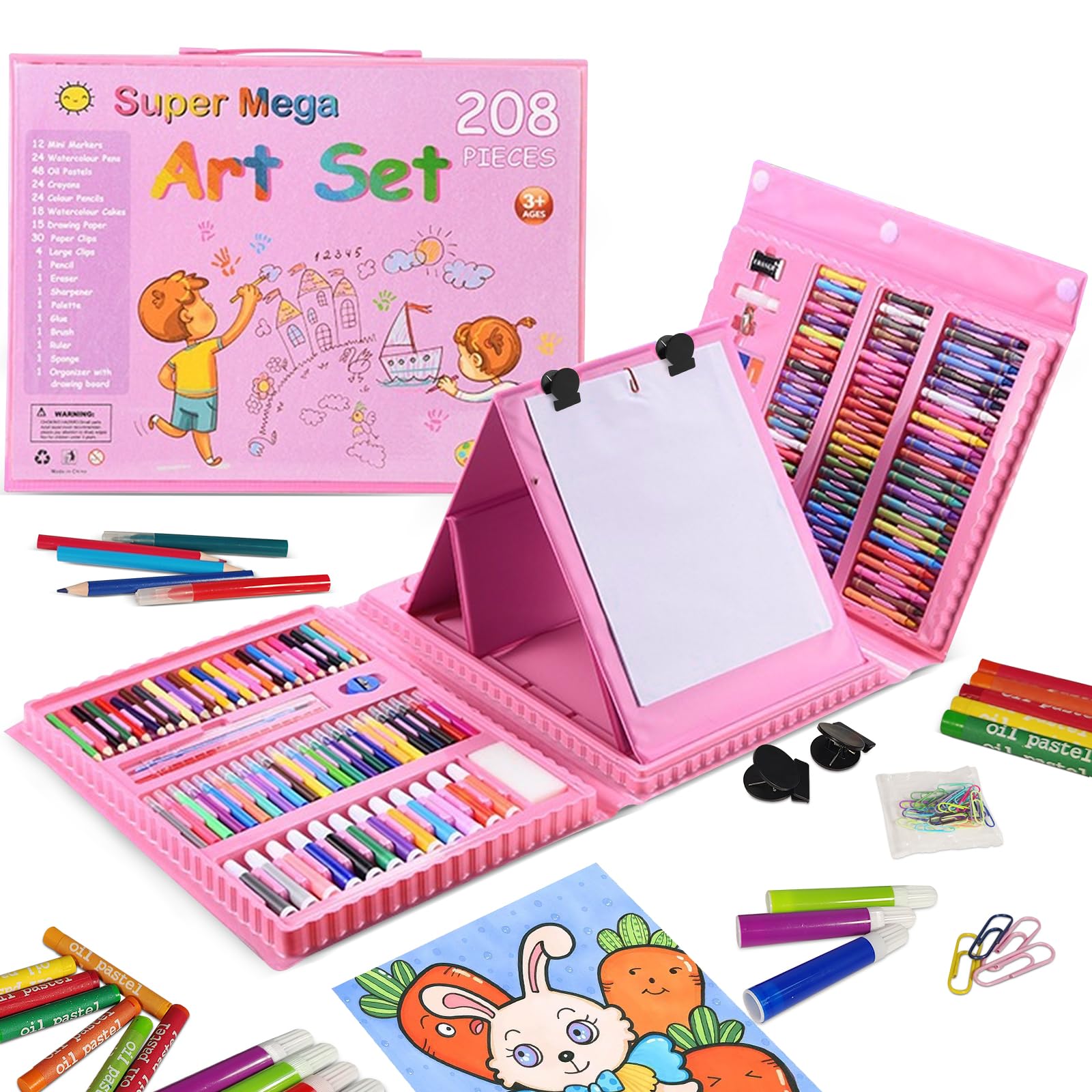 208 Piezas Maletin Pinturas para Niños, Juegos de Dibujo, con Pasteles de Aceite, Crayones, Lápices de Colores, Bolígrafos de Acuarela Egalos para 6-12 Años Niños y Niñas(Rosa)