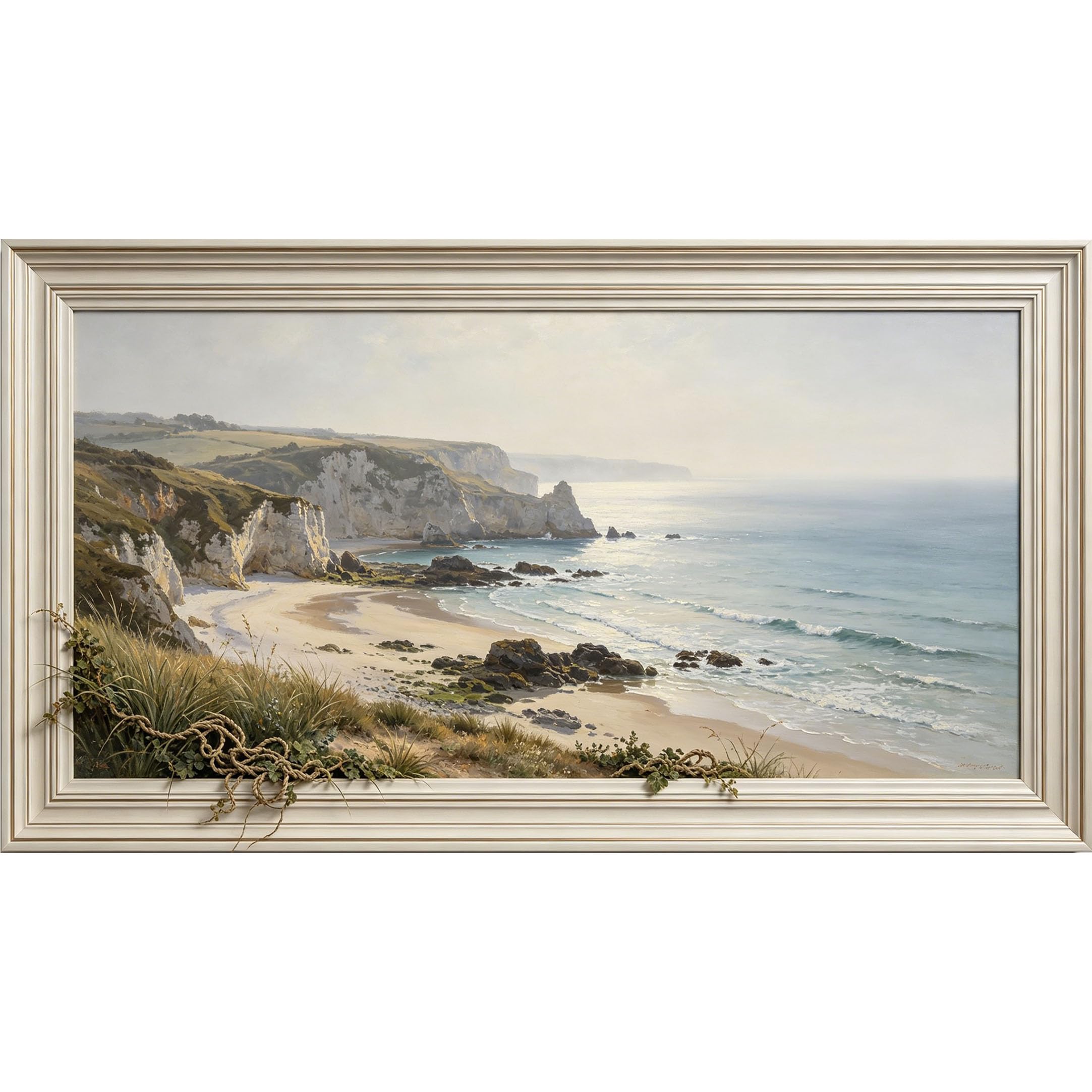 QZLITHOTIC 50x90cm3D Framed Wall Art， Coastal Ocean Cliff Landscape Self‑Adhesive Mural， Water‑Activated Peel & Stick Fabric Decor Wall Decal for Bedroom Living Room