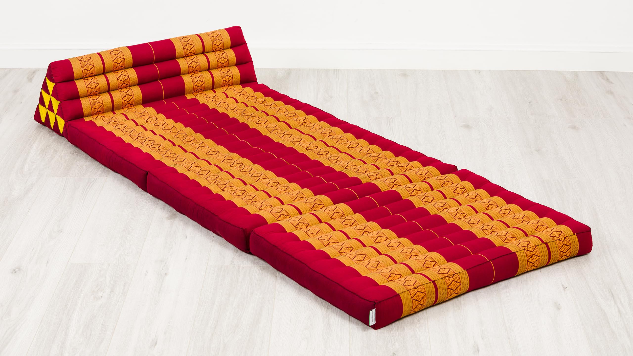 livasia Thaikissen 3 Auflagen für Paare XXL - 190x80x8cm - Dreieckskissen Klappmatratze, extrabreit Kapok, Rückenkissen faltbar, Thaimatte zum Klappen, Meditationskissen (Rot/Gelb)