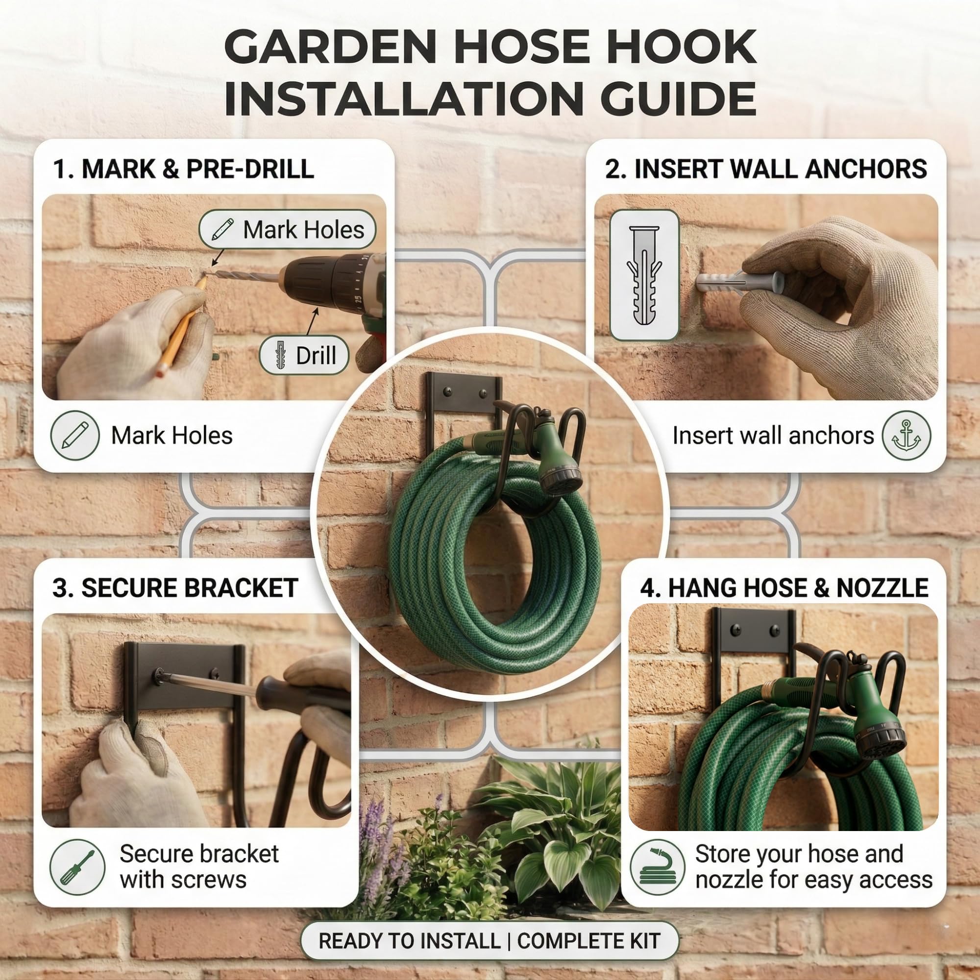 Garden Hose Holder Wall Mounted Metal Hose Pipe Hanger with Fittings - Metal Hosepipe Holder for Wall Storage - Outdoor Mounted Garden Hosepipe Hook with Fittings (Black) — view 5