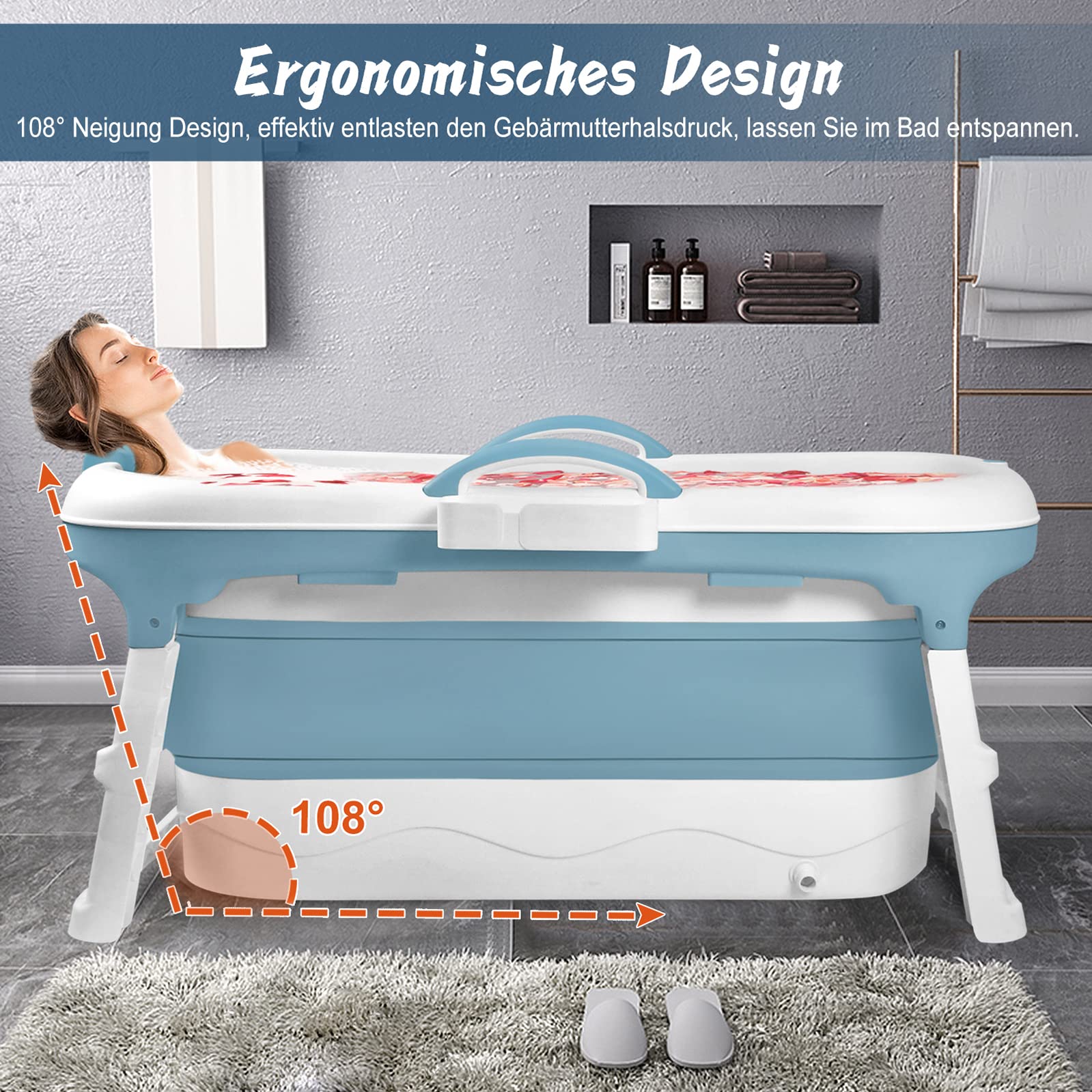 LZQ Baignoire pliable pour adulte - Avec couvercle amovible - Accoudoir - Panier à savon - PP + TPE - Baignoire pliable pour salle de bain SPA - 118 x 62 x 53 cm - Bleu