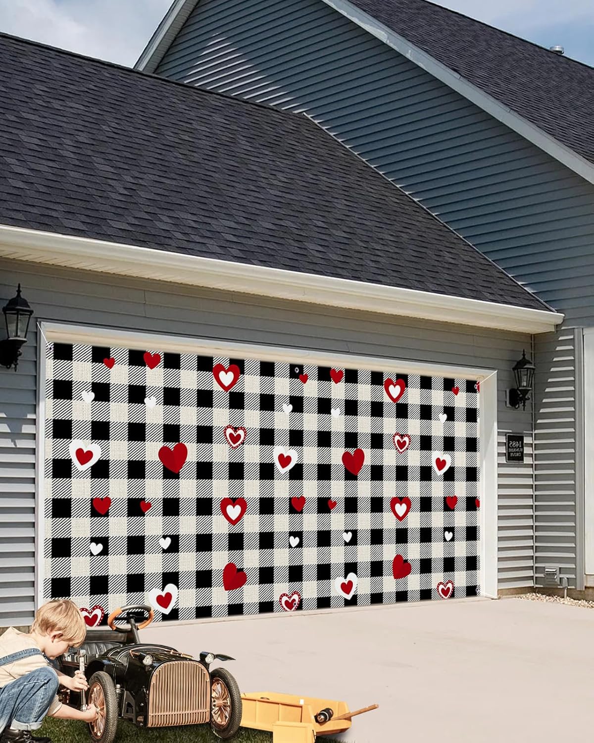 Garage Door Banner Cover, Valentine's Day Red Love Heart Black White Buffalo Plaid 6ft x 13ft Garage Banner Backdrop, Garage Door Decorations Indoor Outdoor for Holiday Party Yard