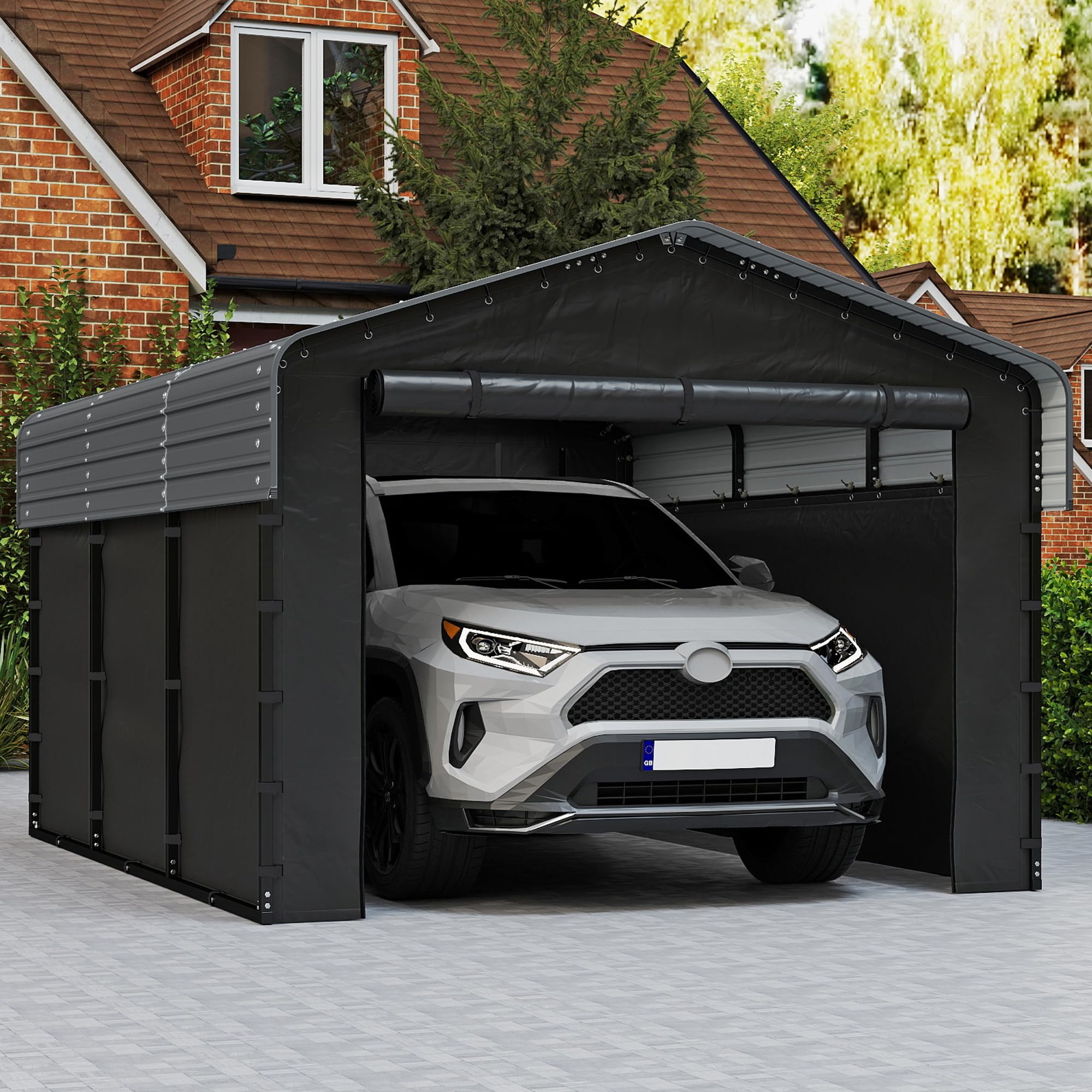 Real Relax 10x15ft Heavy Duty Metal Carport with Galvanized Steel Roof, Removable Sidewalls, Outdoor Car Port Shelter for Cars, Trucks and Boats, Gray
