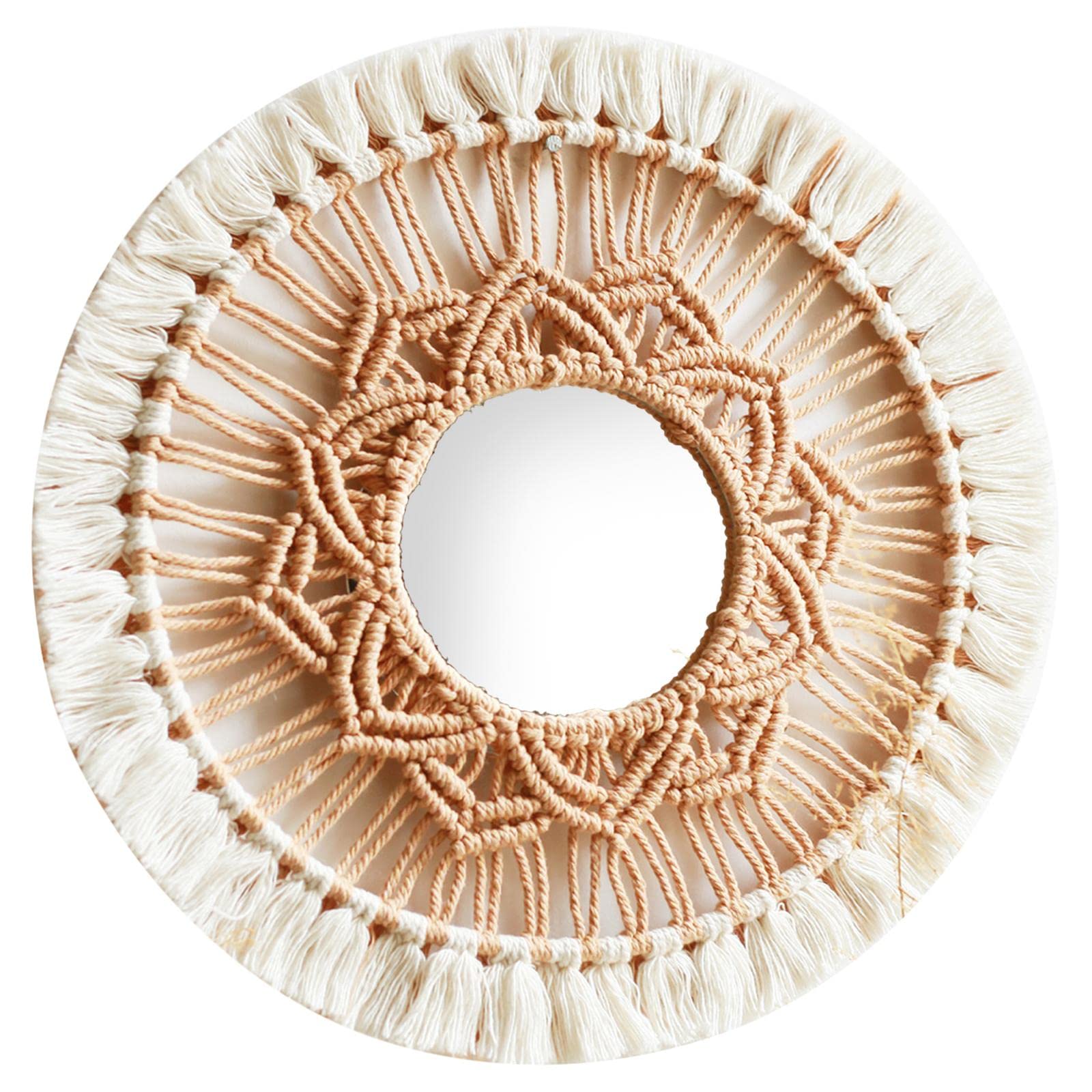 B Baosity Miroir Mural Suspendu Rond à Franges en Macramé, Style, pour La Décoration d'un Appartement, d'un Salon Ou d'une Chambre, Blanche
