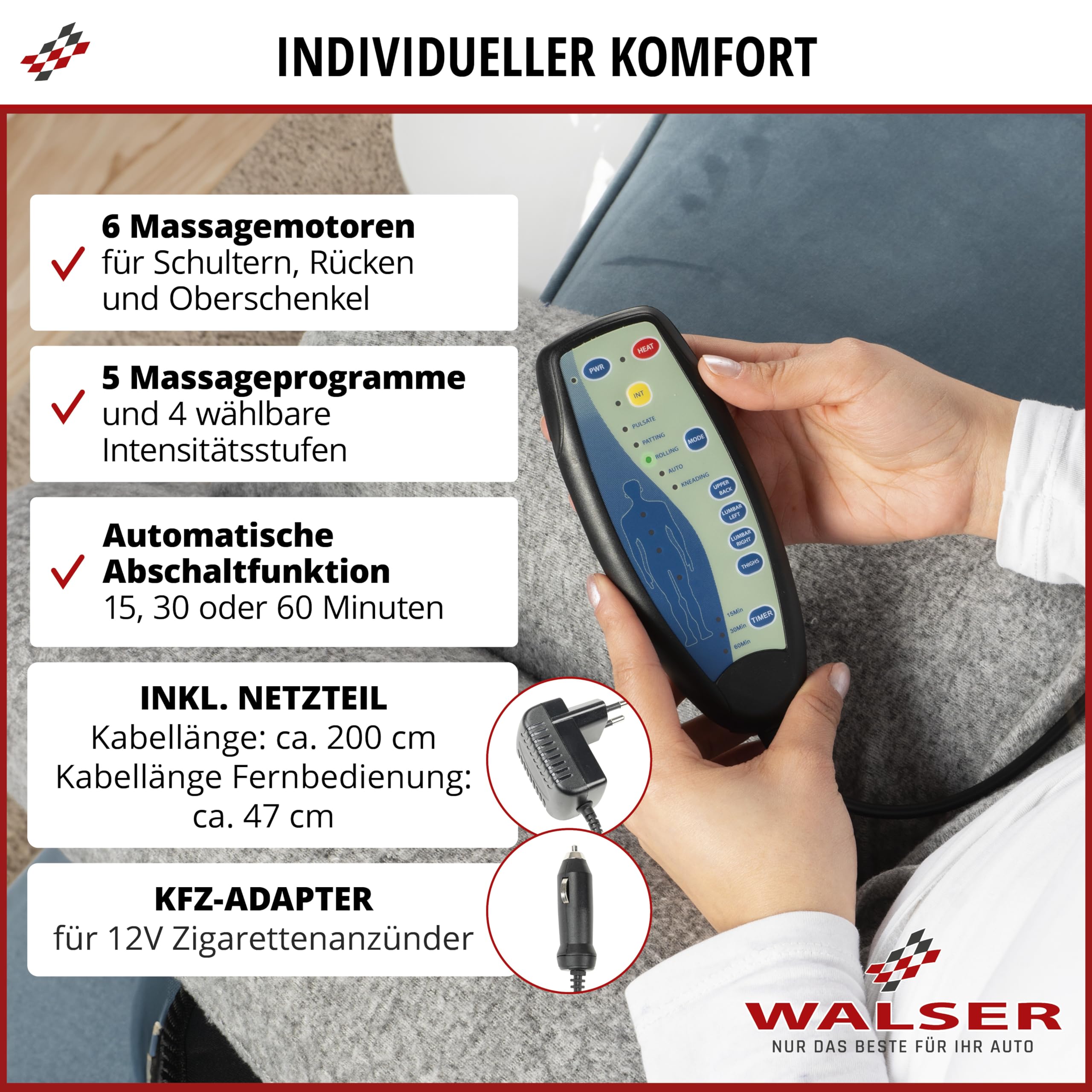 WALSER Massage Sitzauflage Auto Relax Drive, PKW Massagesitzauflage, Massagesitzauflage mit 5 Massage Programmen, Rückenmassagegerät Auto, Massageauflage für den Rücken, Massagegerät Autositz