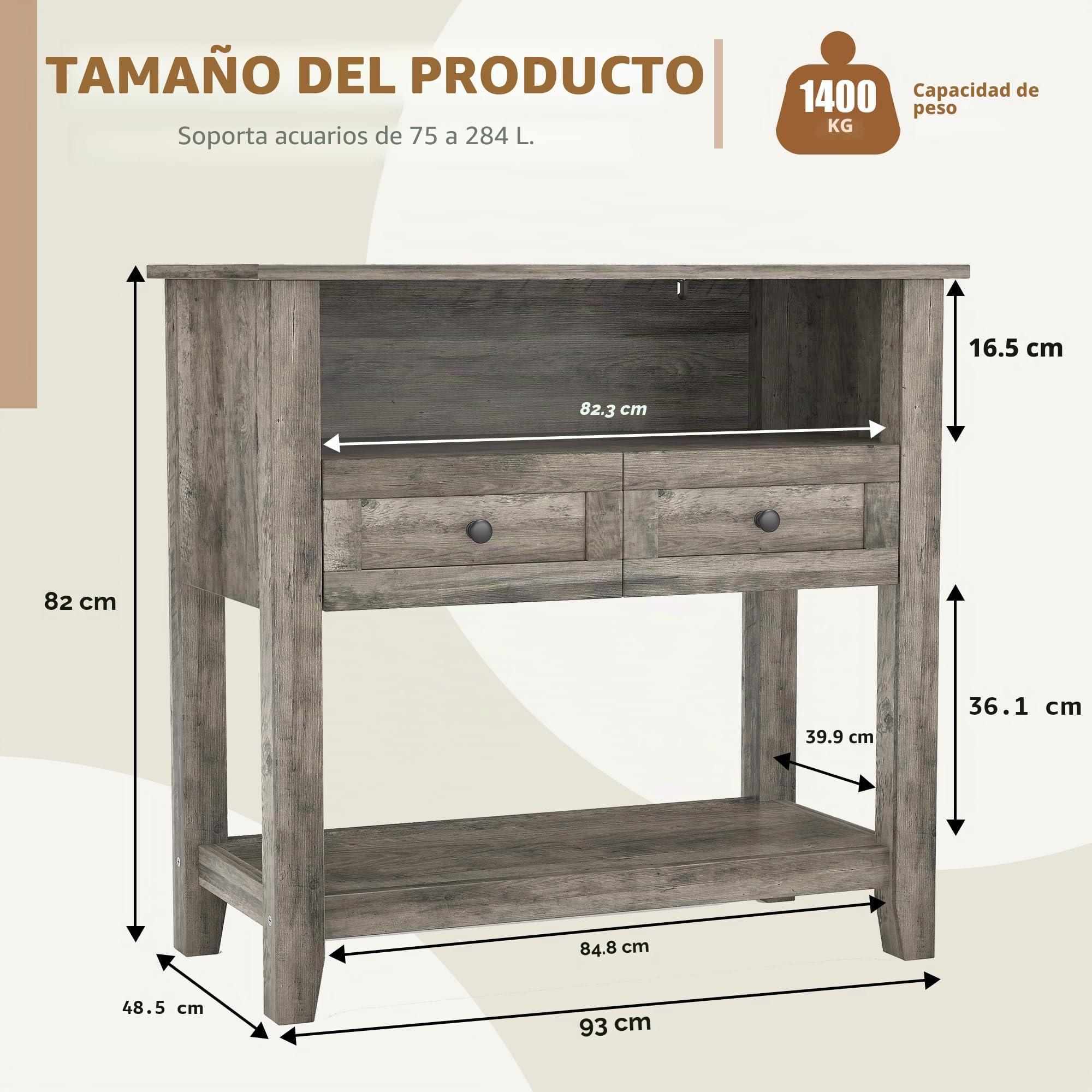 Mueble para acuario 20-29 galones con estación de recarga - Soporte robusto 300kg - Cajones y estantes abiertos - Soporte para sala de estar - Color gris