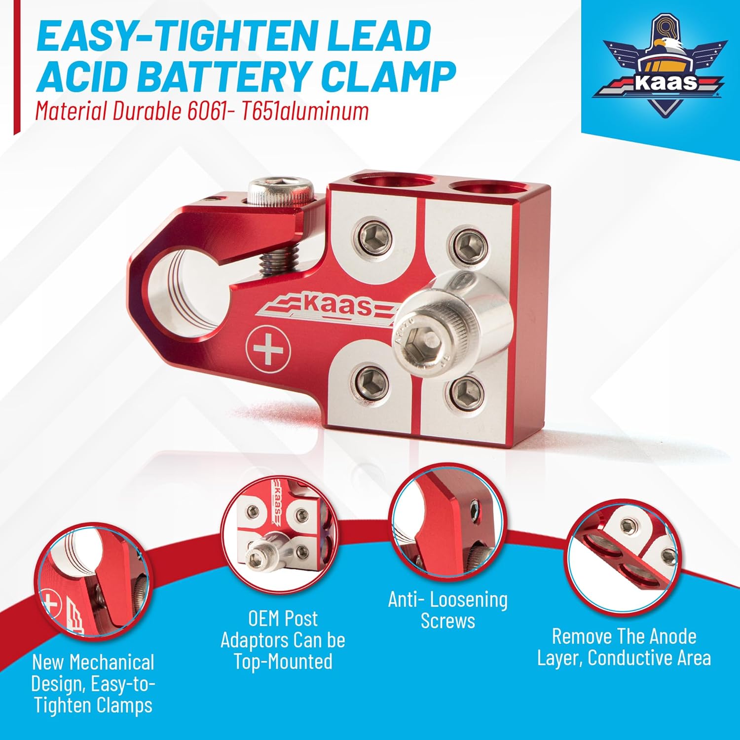 Kaas Lead Acid Battery Terminal Clamps, Positive and Negative Set, for SAE/DIN/EN Tapered Top Post, 4-Way Connectors, Compatible with 8AWG to 4/0 AWG, Includes OEM Top Post Adapter