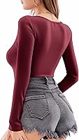 Vista 9 de MANGOPOP Long Short Sleeve Bodysuits for Women Scoop Neck Ribbed Body Suit Stretchy Basic T Shirt Tops