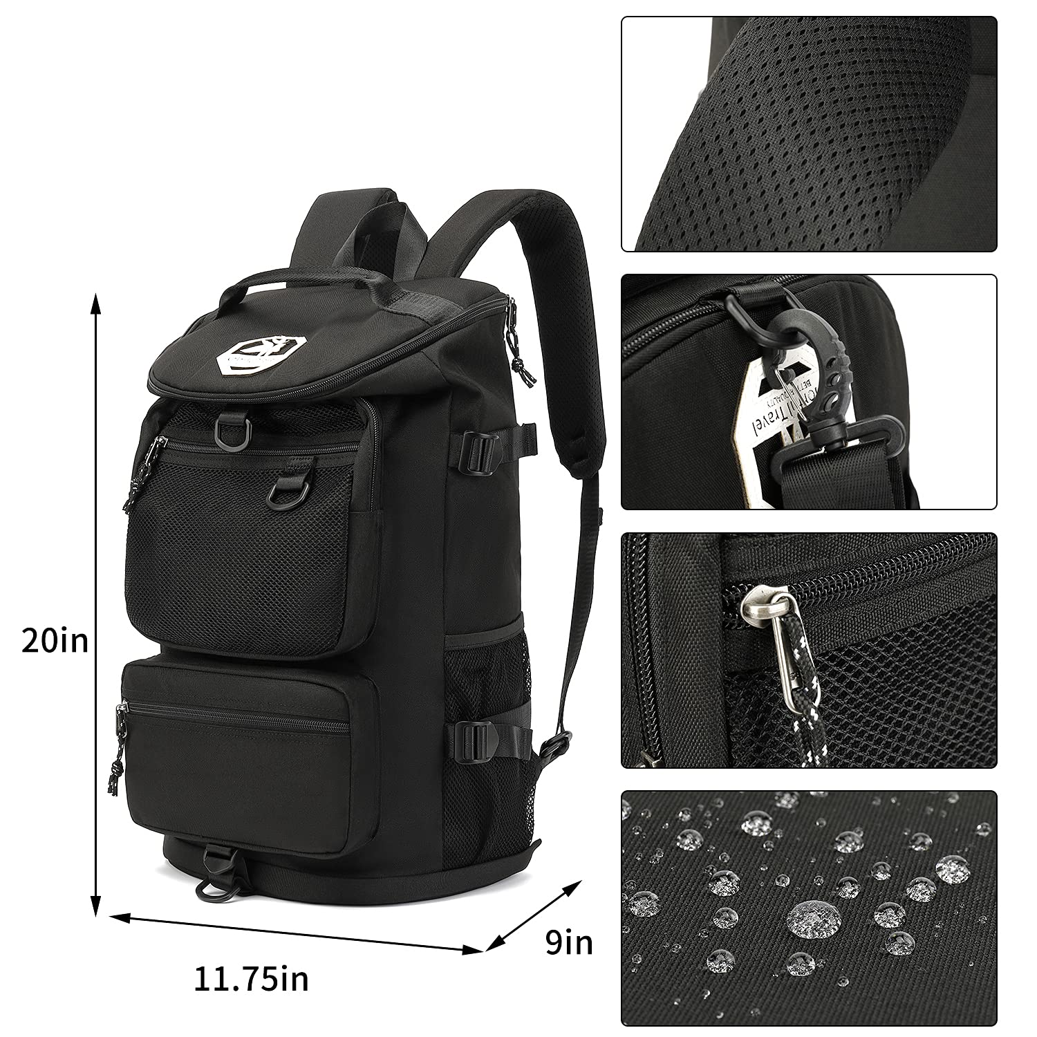 Kalesi Borsone da palestra a 4 vie, impermeabile, con scomparto per scarpe, per viaggi, sport, escursionismo, computer portatile, nero, X-Large, Zaini da viaggio