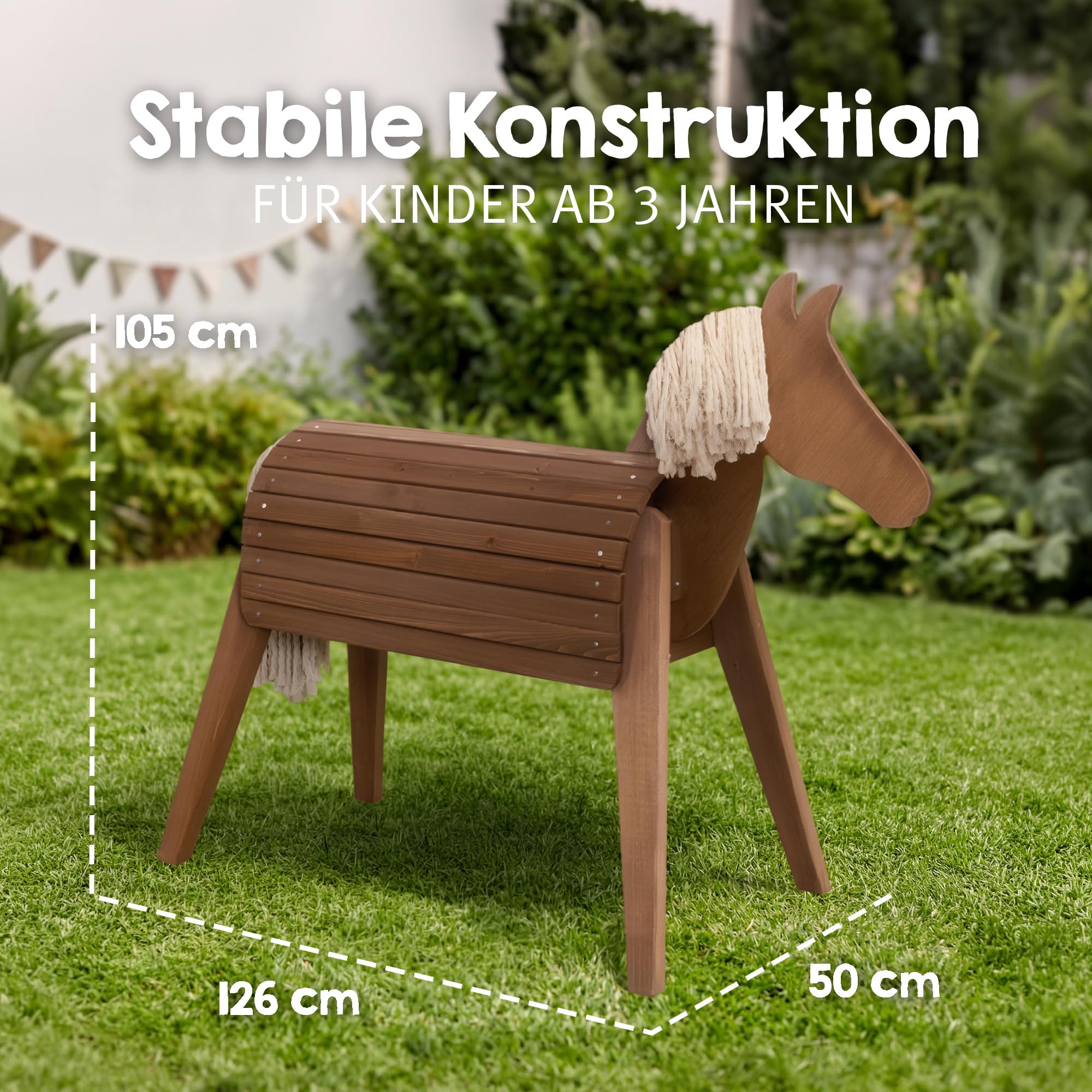 roba Cheval d’extérieur en bois massif - Cheval en bois résistant aux intempéries pour le jardin - Cheval de voltige pour monter, grimper et faire de la gymnastique - En bois durable - Lasuré teck | Jouet en bois durable