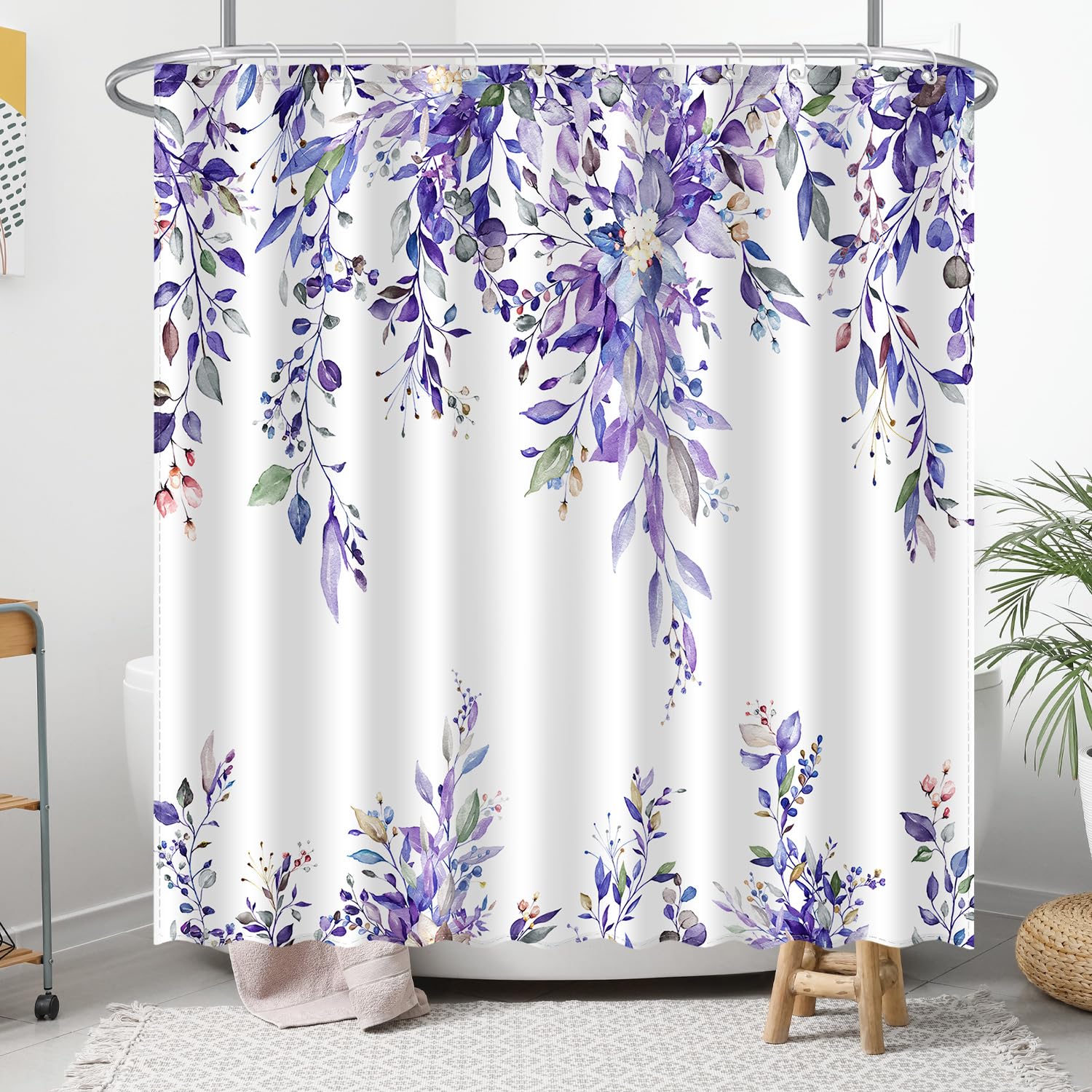Eucalyptus Shower Curtain, Abstract Aesthetic Art Watercolor Plant Leaves with Floral Bathroom Decor, Waterproof Fabric Cloth Bath Curtain Set with Hooks (Purple, 72x72 Inches)