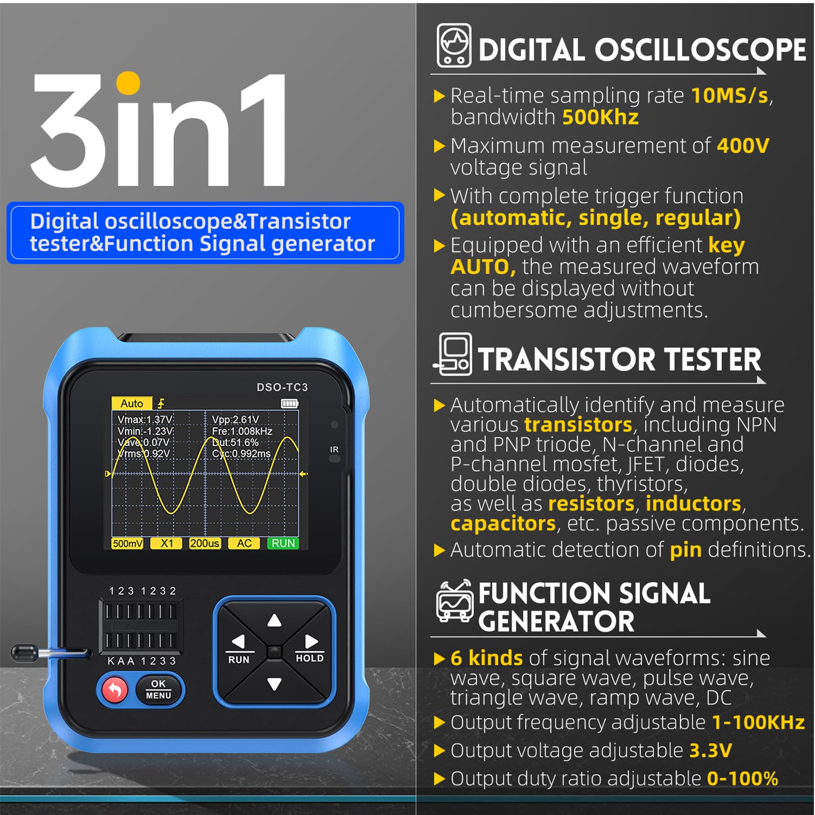 Jadeshay Osciloscopio de Mano,Kit de Osciloscopio Digital Portátil,USB Recargable 3 en 1 Probador de Transistor Digital de Ancho de Banda Generador de Señal Pantalla LCD,Salida de Ondas cuadradas PWM