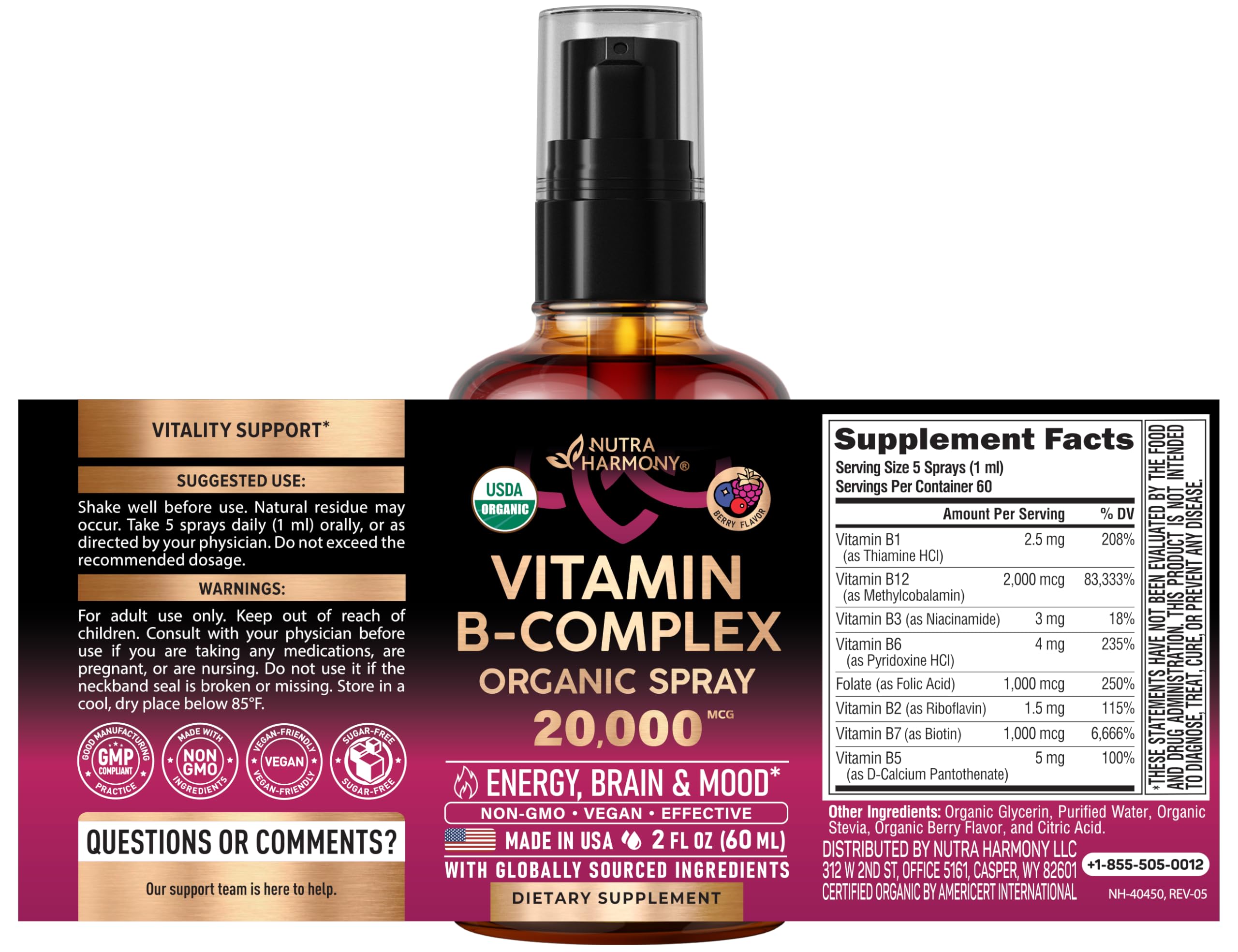 USDA Organic Vitamin B-Complex 20000mcg - B5, B12, B1, B6, B7, B9, B3 - 2oz — Amazon image 2