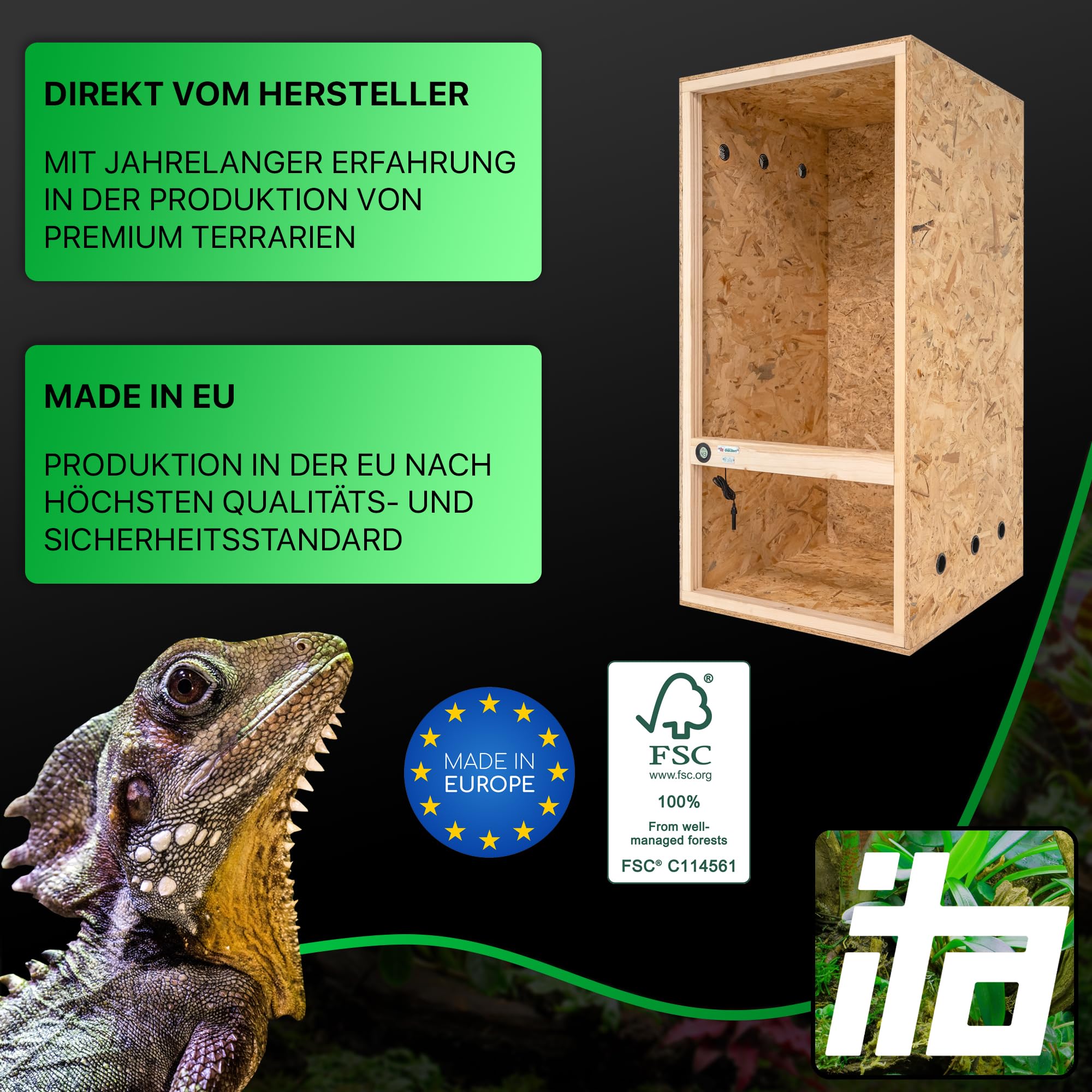 ITA Hochterrarium 60x120x60 cm mit Seitenbelüftung & Integriertem Hygrometer - Holz Terrarium aus OSB-3 Platten - Terrarien für Reptilien, Schlangen, Amphibien - EU Produkt, FSC Zertifiziert