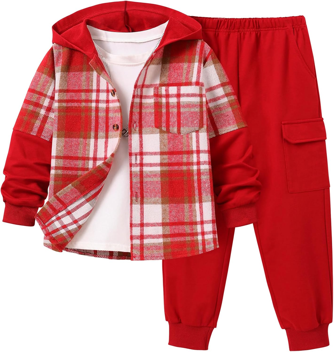 EDFTM 2Pcs Boys Clothes Sweatsuit Set Hoodie Flannel Plaid Shirt and Jogger Pants for Kids Fall Winter Spring Outfits