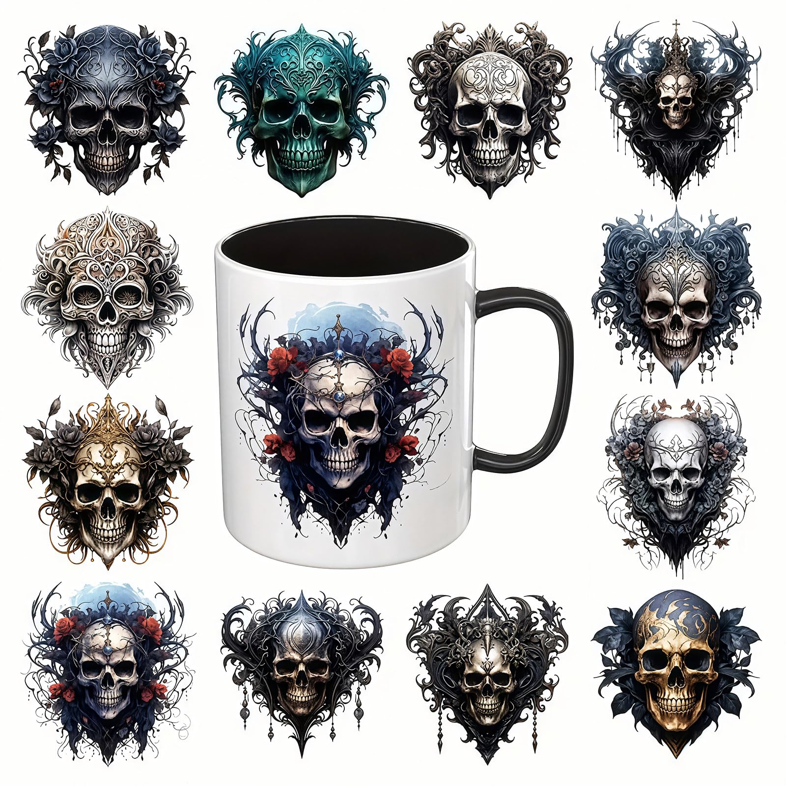 12pcs Skull Flower UV DTF Cup Wraps Transfer Waterproof Sticker for Glass Cups Furniture Craft DIY Crafts，Rub on Transfer Stickers for DIY Water Bottle Laptop Decal Wood Car