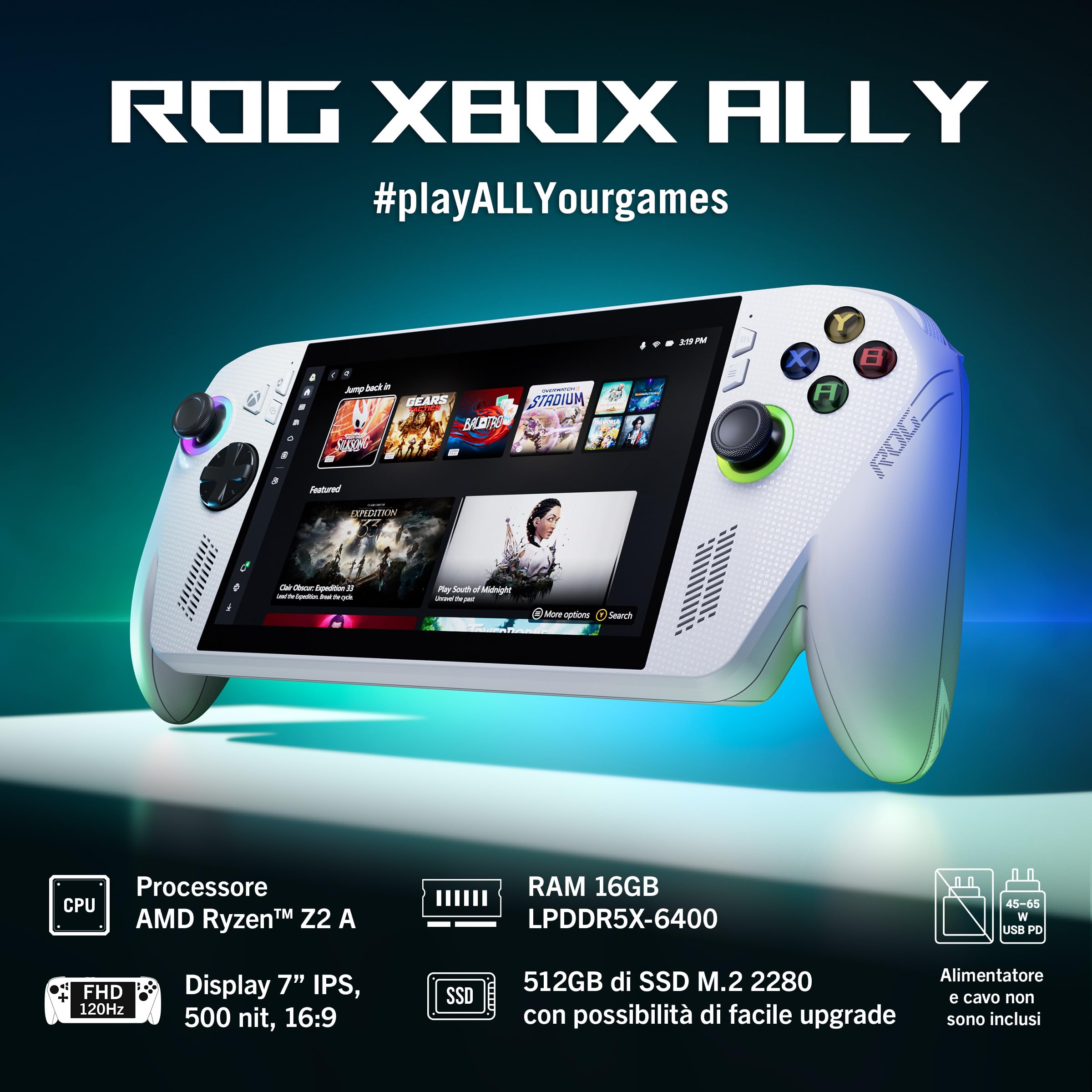 ASUS ROG Xbox Ally RC73YA, consola de juegos, pantalla de 7 pulgadas Glossy touchscreen, 120 Hz, AMD Ryzen Z2, RAM 16 GB, 512 GB SSD PCIE, Windows 11 Home, blanco