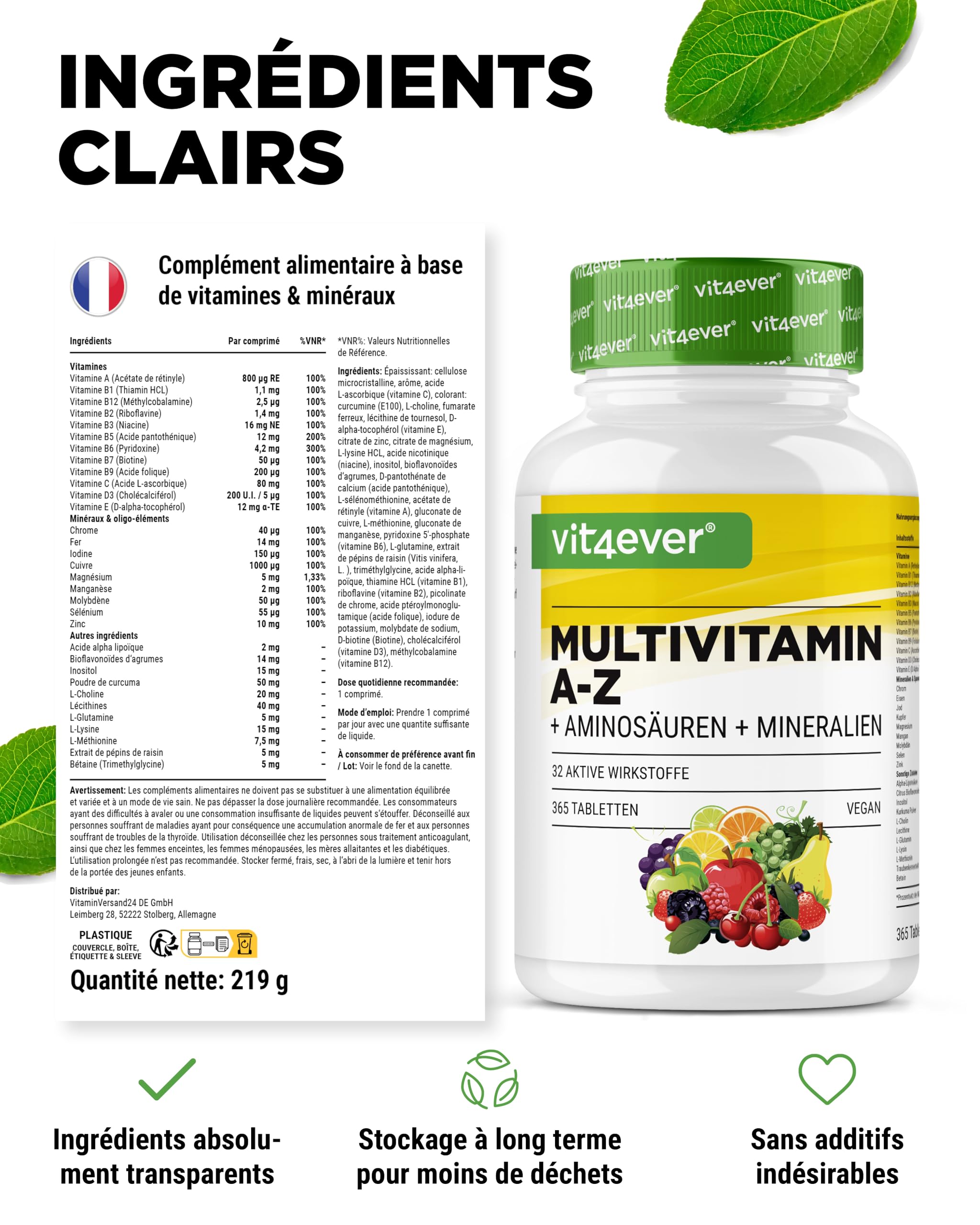Multivitamine A-Z - 365 comprimés (12 mois) - 32 principes actifs - Combinaison de minéraux + acides aminés + oligo-éléments + extraits de plantes - Vegan - Fortement dosé