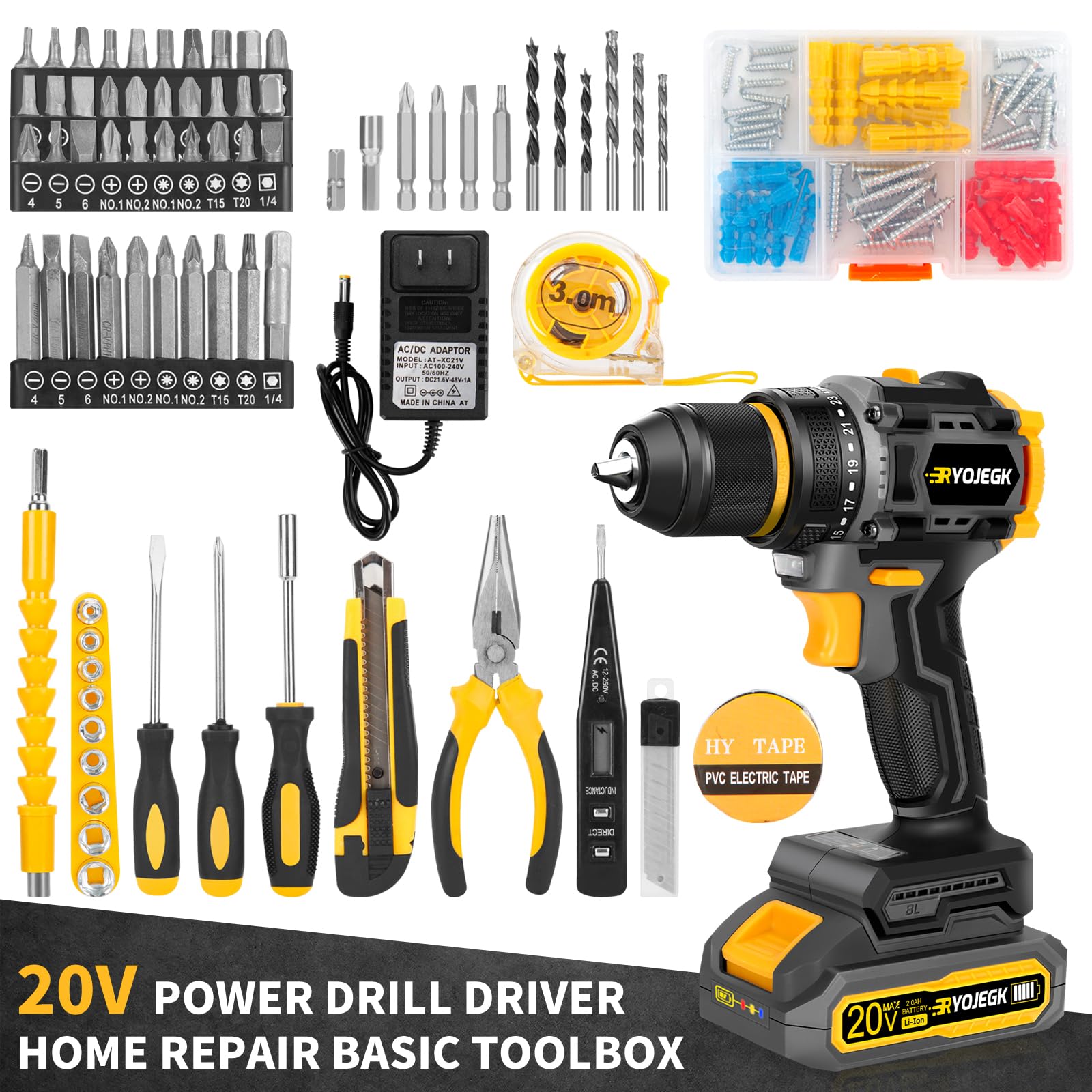 Compact Brushless Power Drill Set,60N.m Cordless Drill Tool Box with 2 Battery & 3/8”Keyless Metal Self-locking Chuck,138Pcs Men Handheld Tool Drills Kit,Taladro Inalámbrico for Home Repair Set