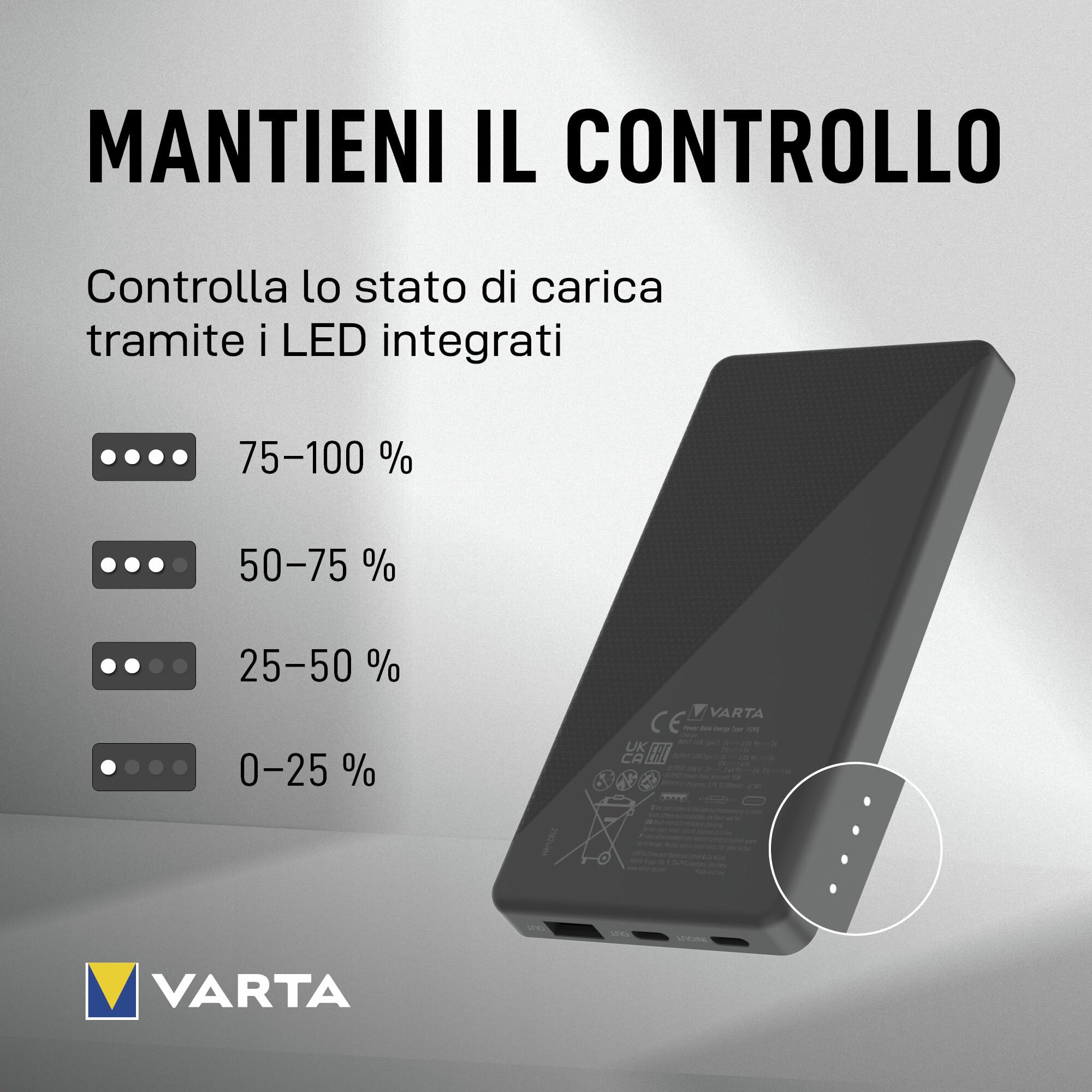 VARTA Power Bank 20000 mAh, Power on Demand, 1x USB A e 2x USB C