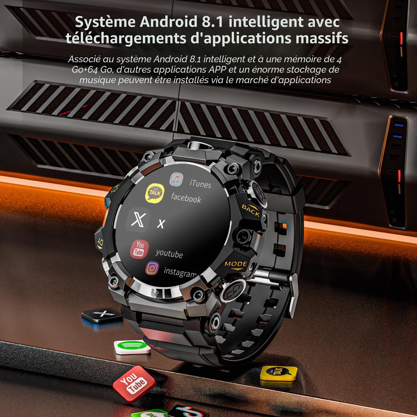LOKMAT 4G Android Smartwatch APPLLP 2 PRO, 4 Go + 64 Go Robuste Militaire Sport Montre Homme Montre Fitness Tracker avec GPS, Caméra WiFi, Bluetooth (Noir)