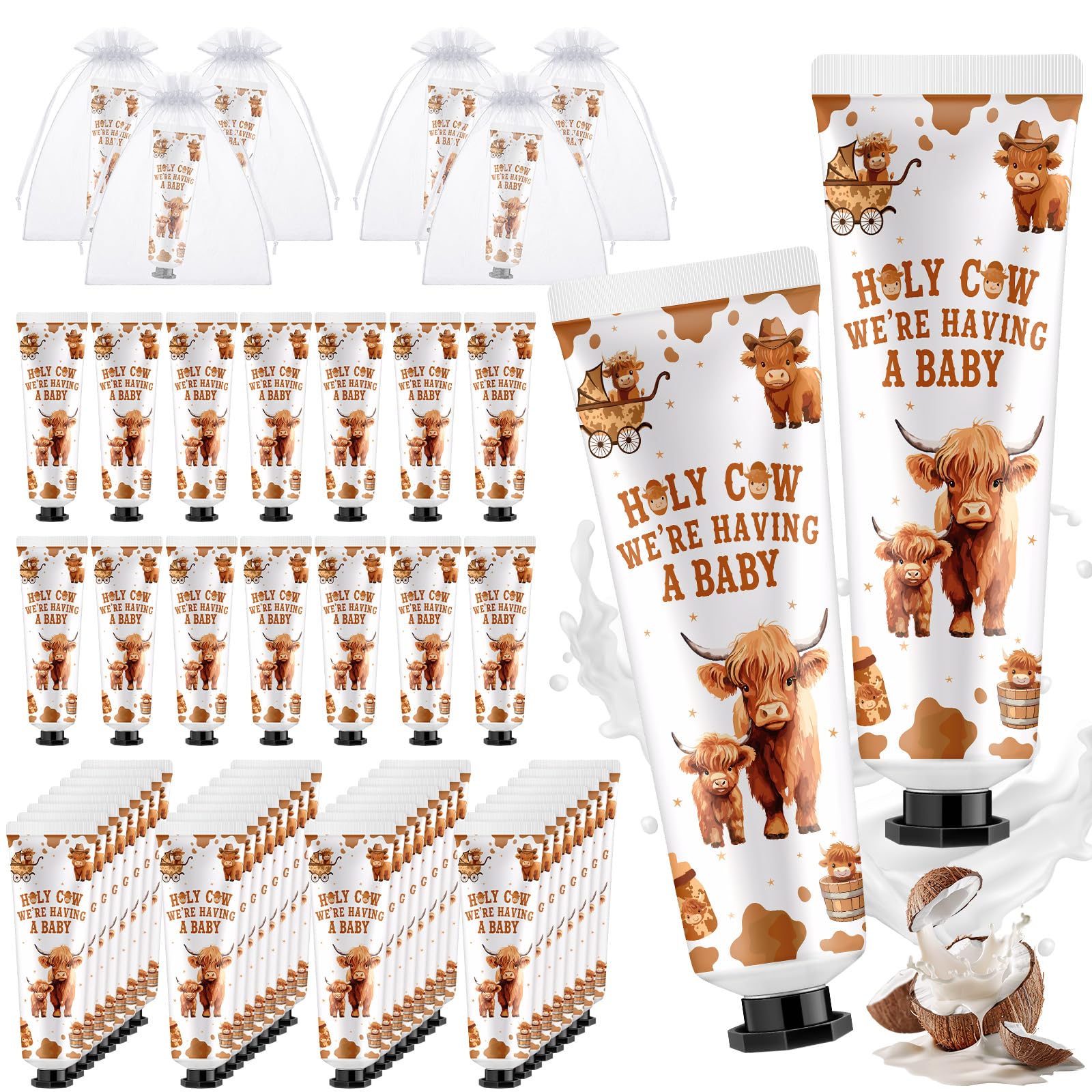 48 Sets Highland Cow Baby Shower Hand Cream Gifts Bulk Holy Cow We Are Having a Baby Party Favor Travel Size Lotion Bulk for Gender Reveal Rewards Party Supplies Holy Cow We Are Having A Baby White