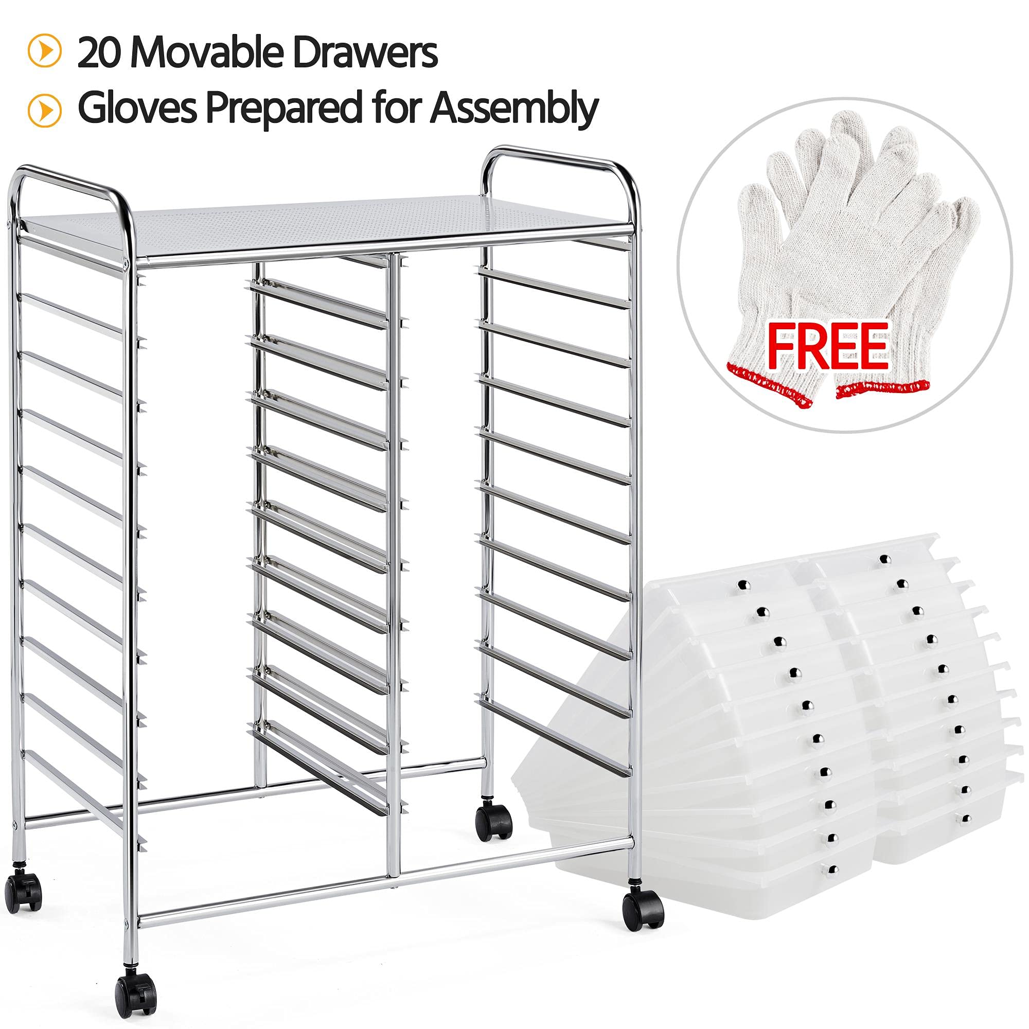 Yaheetech Caisson sur roulettes Chariot avec 20 tiroirs en Plastique Blanc Meuble de Rangement pour Salle de Bain Cuisine 62,5 x 36 x 91 cm