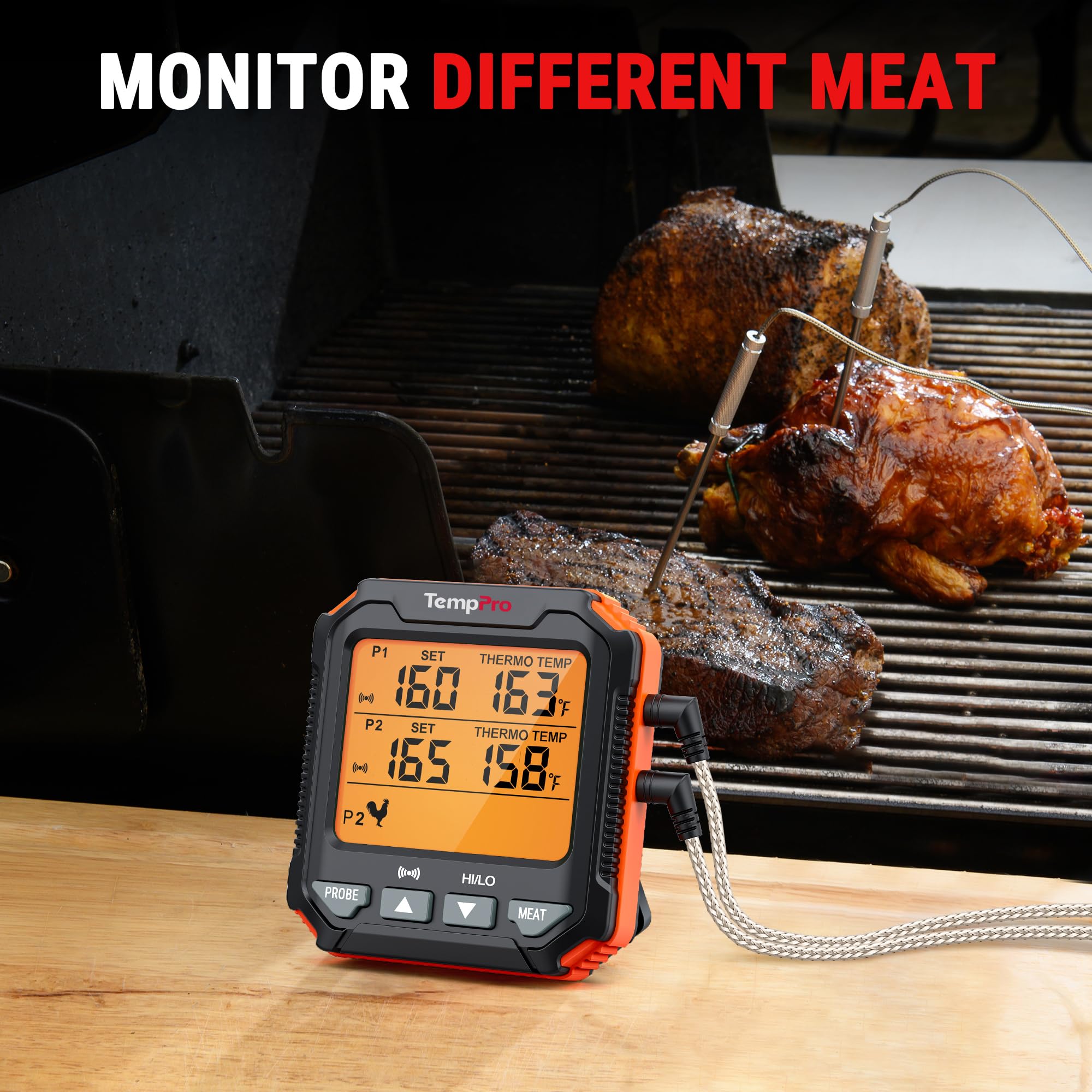ThermoPro TP717 Termometro digitale per carne per grigliare, retroilluminato, termometro per carne, adatto al forno, con 2 sonde per carne, termometro per alimenti per cucinare con allarme temperatura