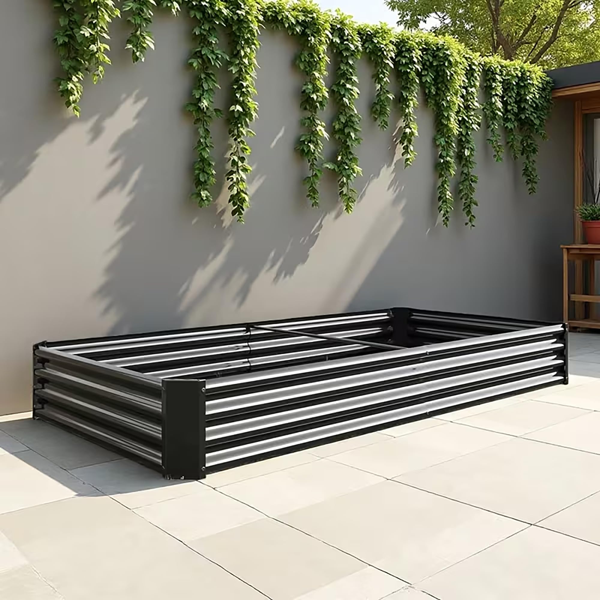 Set di aiuole rialzate in metallo zincato, per giardino, 232 x 113 x 30 cm, set di aiuole rialzate per verdure, fiori grassi, erbe aromatiche, aiuole e vaschetta per piante, rettangolare, nero
