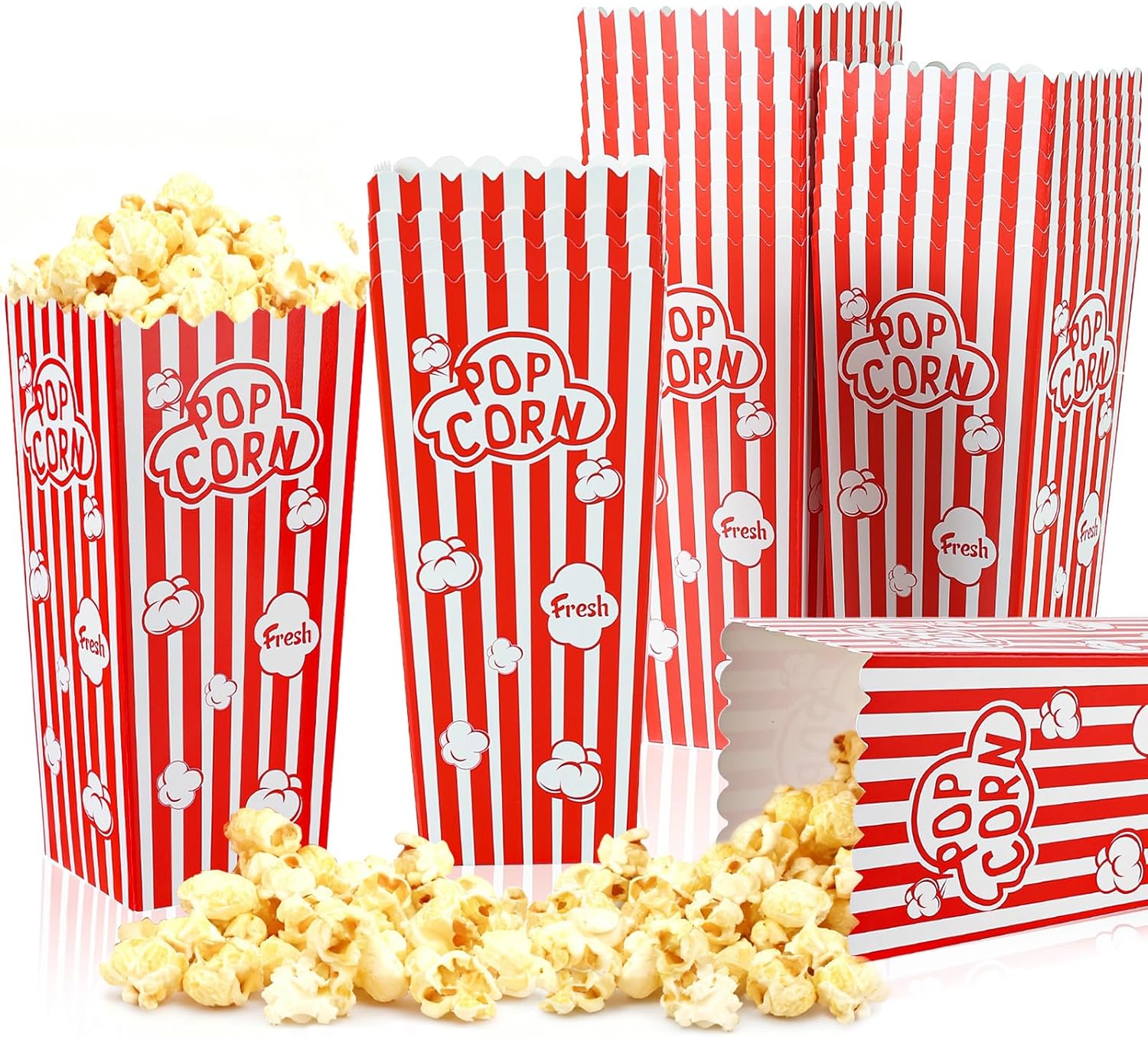 Ysglory 100Pcs Popcorn Boxes Containers 46 Oz Paper Popcorn Buckets Red and White Striped Open-Top Cardboard Pop Corn Bowls Individual Servings Bags for Party Movie Night