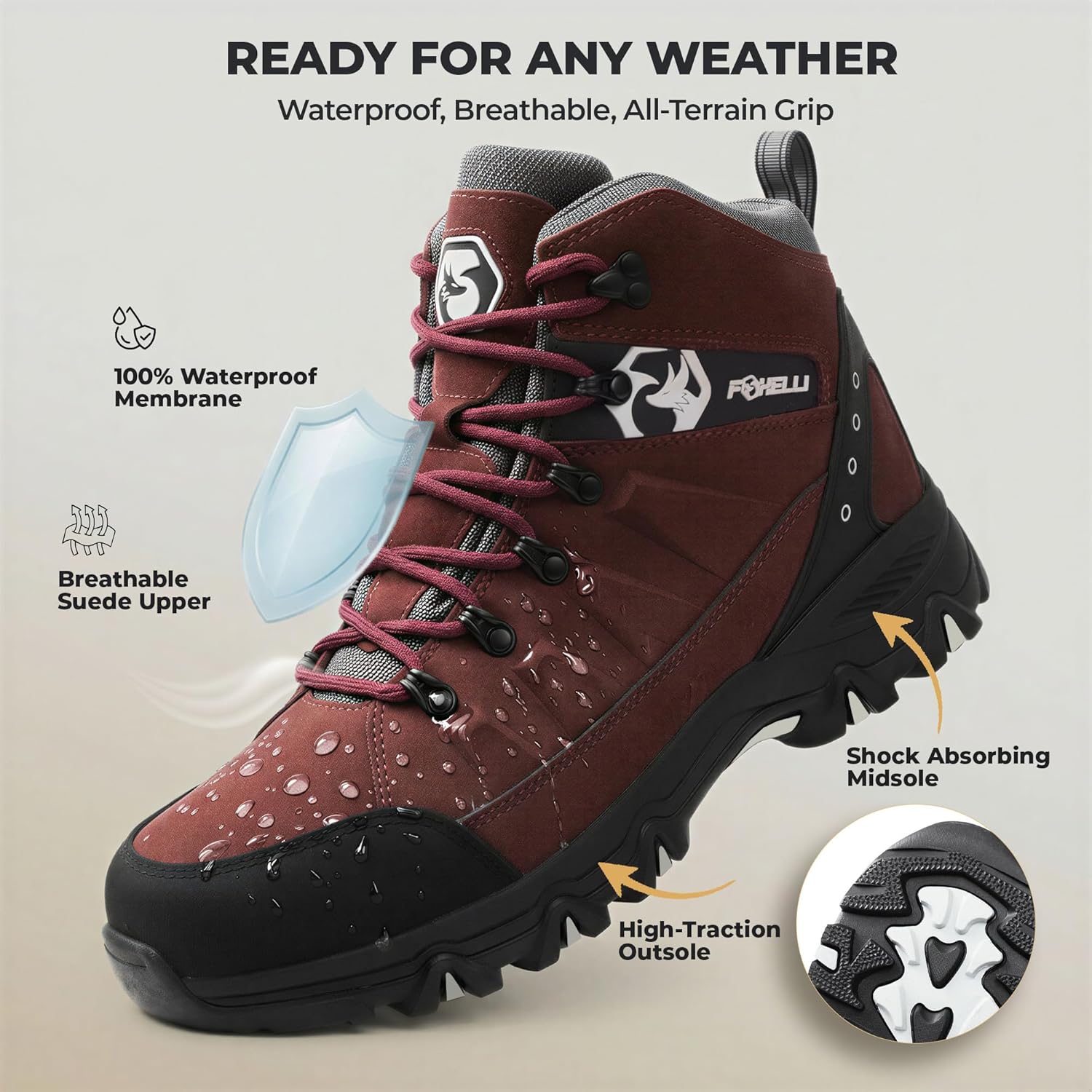 Foxelli Men’s Hiking Boots – Waterproof Breathable & Lightweight Suede Leather Hiking Boots for Men