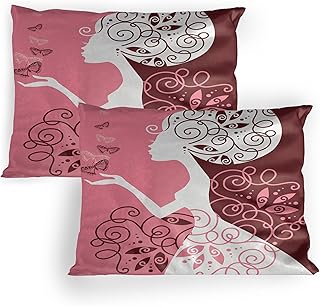 Ambesonne Pink Pillow Sham Set of 2, Drawing Girl with Butterflies Floral Ornaments Swirled Branches, Quality Microfiber Bedding Item for All Seasons, 36