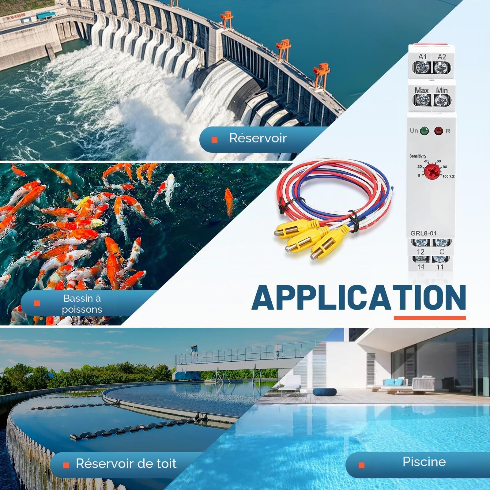 Relais de Contrôle du Niveau de Liquide 1SPDT GRL8-01+Capteur AC/DC 24-240V