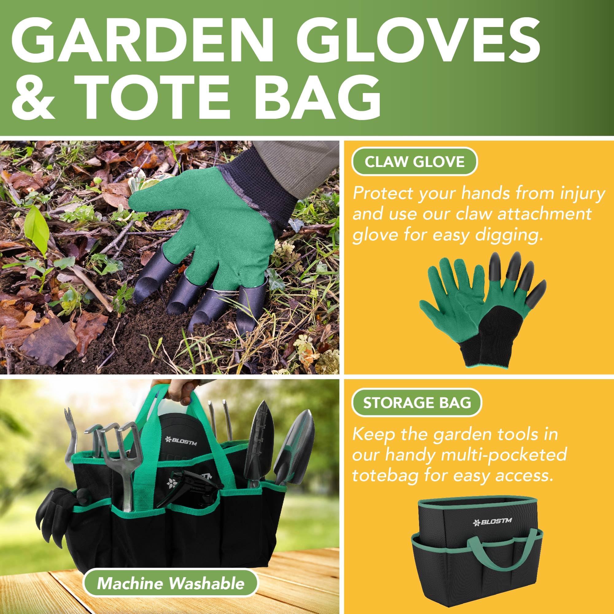 BLOSTM Juego de herramientas de jardinería de 11 piezas, kit de herramientas de jardín resistente con bolsa de mano impermeable, juego de paletas de jardín a prueba de óxido (verde/negro)
