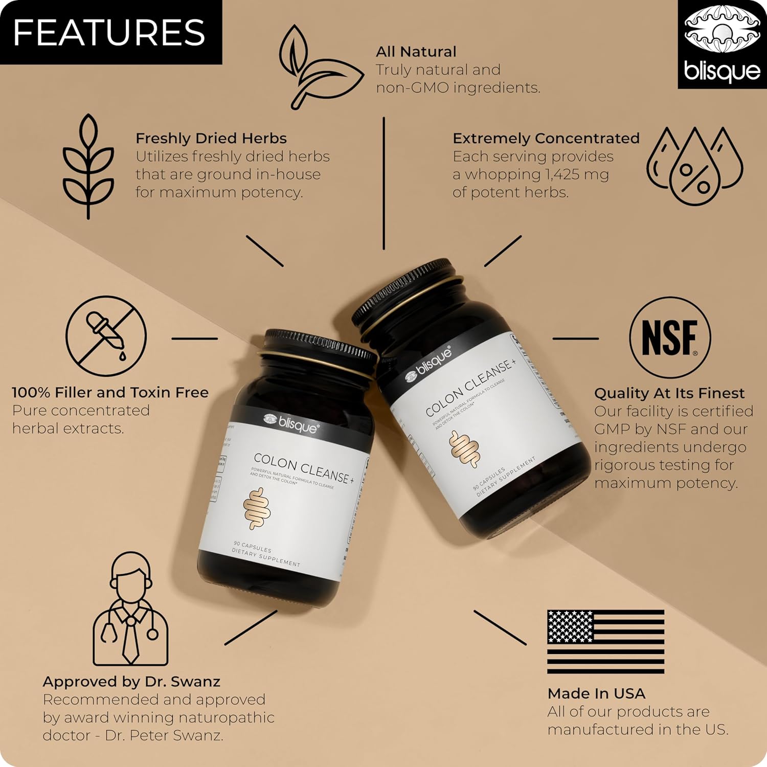 Blisque - Natural Colon Cleanse Supplement for Detox, Constipation Relief, Stool Softener, and Digestive Health | with Aged Cascara Sagrada Bark | 90 Capsules | Vegan and Non-GMO - Image 3