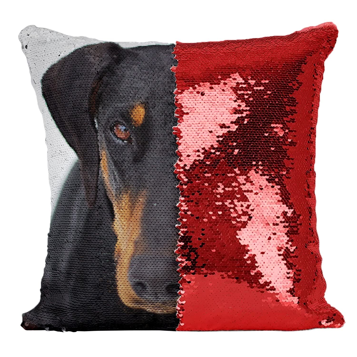 Coussin paillettes Dobermann Pincher rouge pour sublimer l'ambiance de votre canapé
